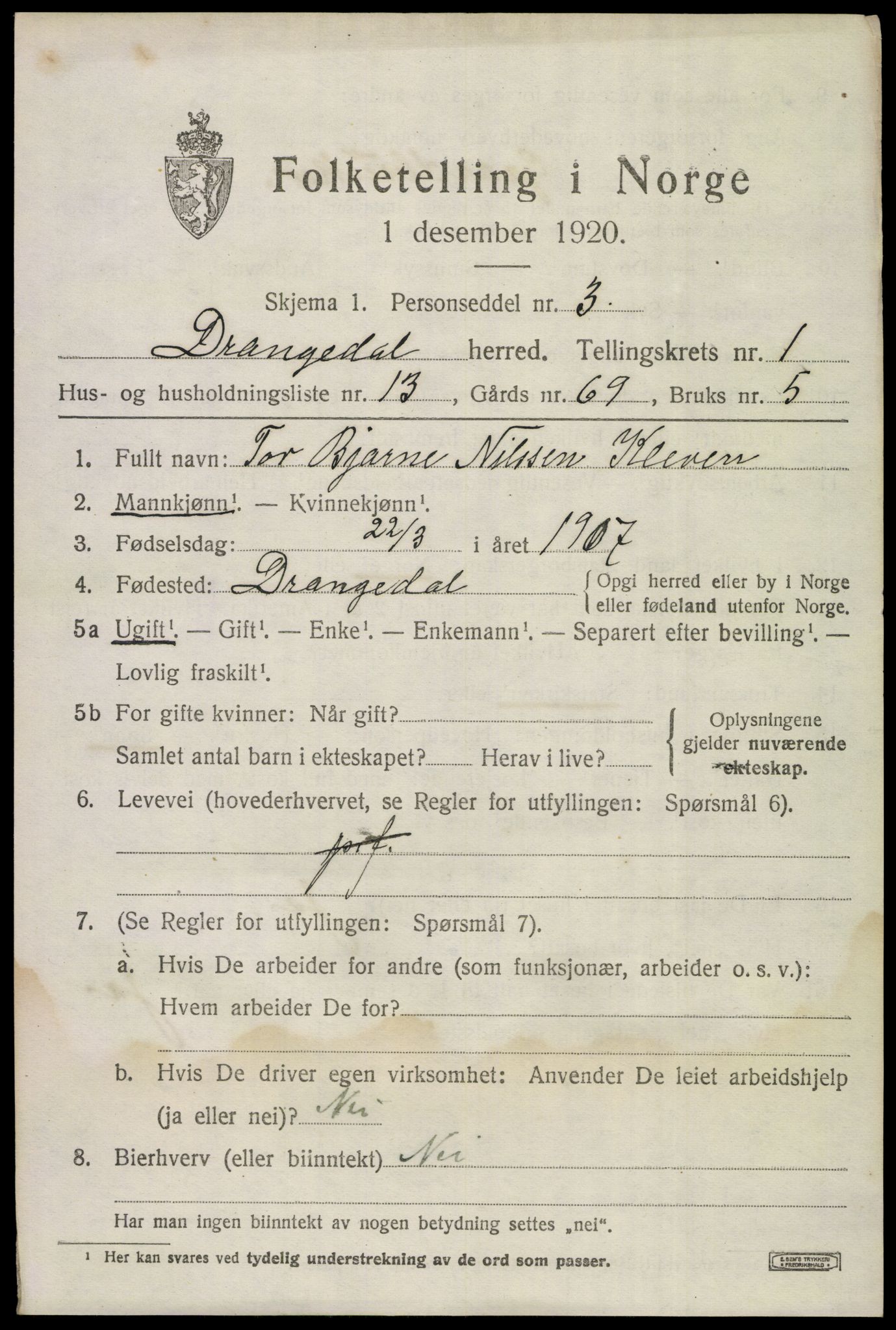 SAKO, 1920 census for Drangedal, 1920, p. 1805