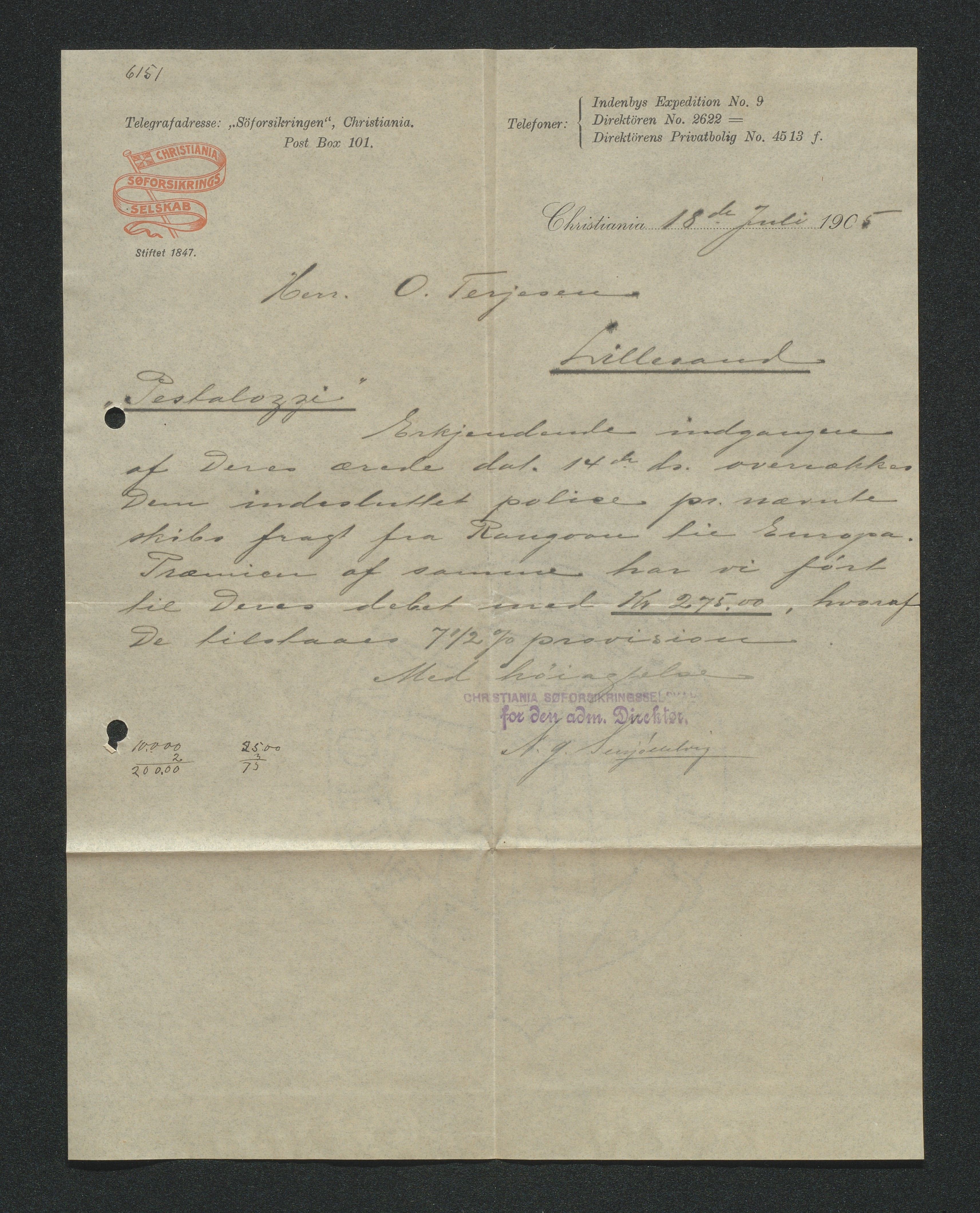 O. Terjesens rederi, AAKS/PA-2525/E/E01/L0013: Korrespondanse, 1904-1905
