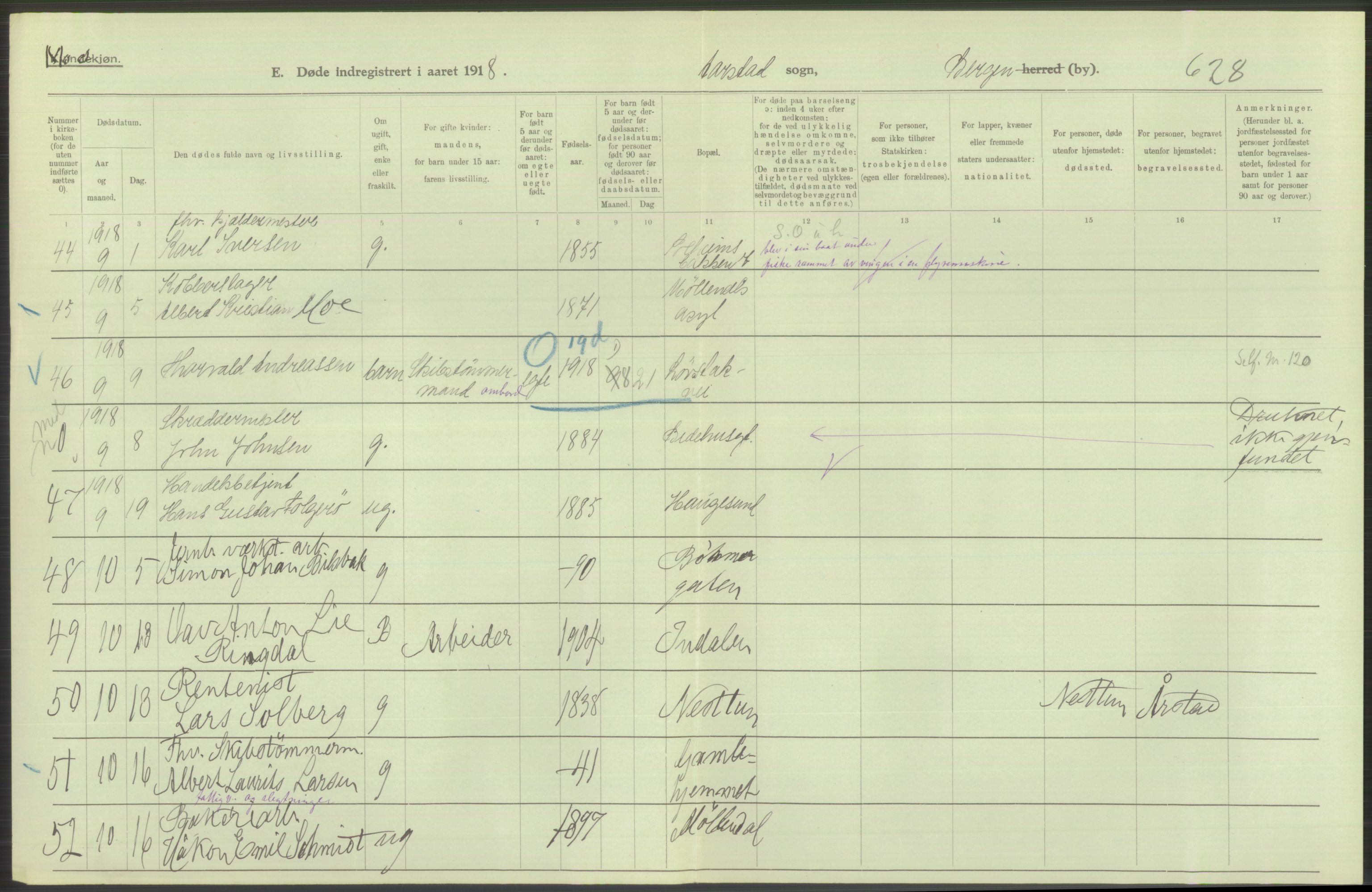 Statistisk sentralbyrå, Sosiodemografiske emner, Befolkning, RA/S-2228/D/Df/Dfb/Dfbh/L0039: Bergen: Døde., 1918, p. 154