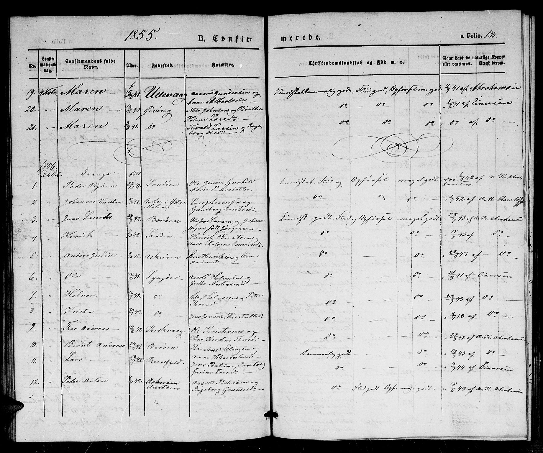Dypvåg sokneprestkontor, AV/SAK-1111-0007/F/Fb/Fba/L0010: Parish register (copy) no. B 10, 1842-1857, p. 135