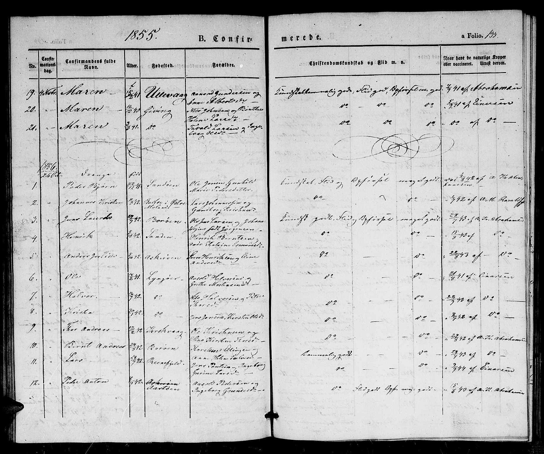 Dypvåg sokneprestkontor, AV/SAK-1111-0007/F/Fb/Fba/L0010: Parish register (copy) no. B 10, 1842-1857, p. 135