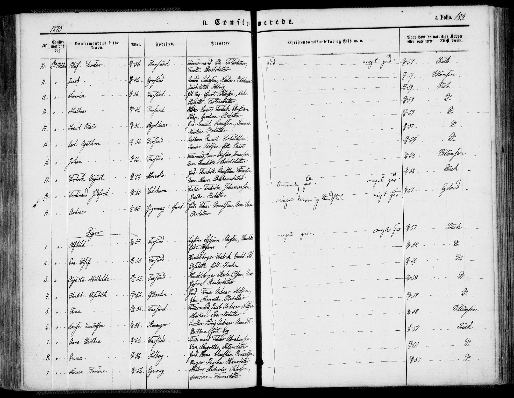 Farsund sokneprestkontor, SAK/1111-0009/F/Fa/L0005: Parish register (official) no. A 5, 1863-1886, p. 183