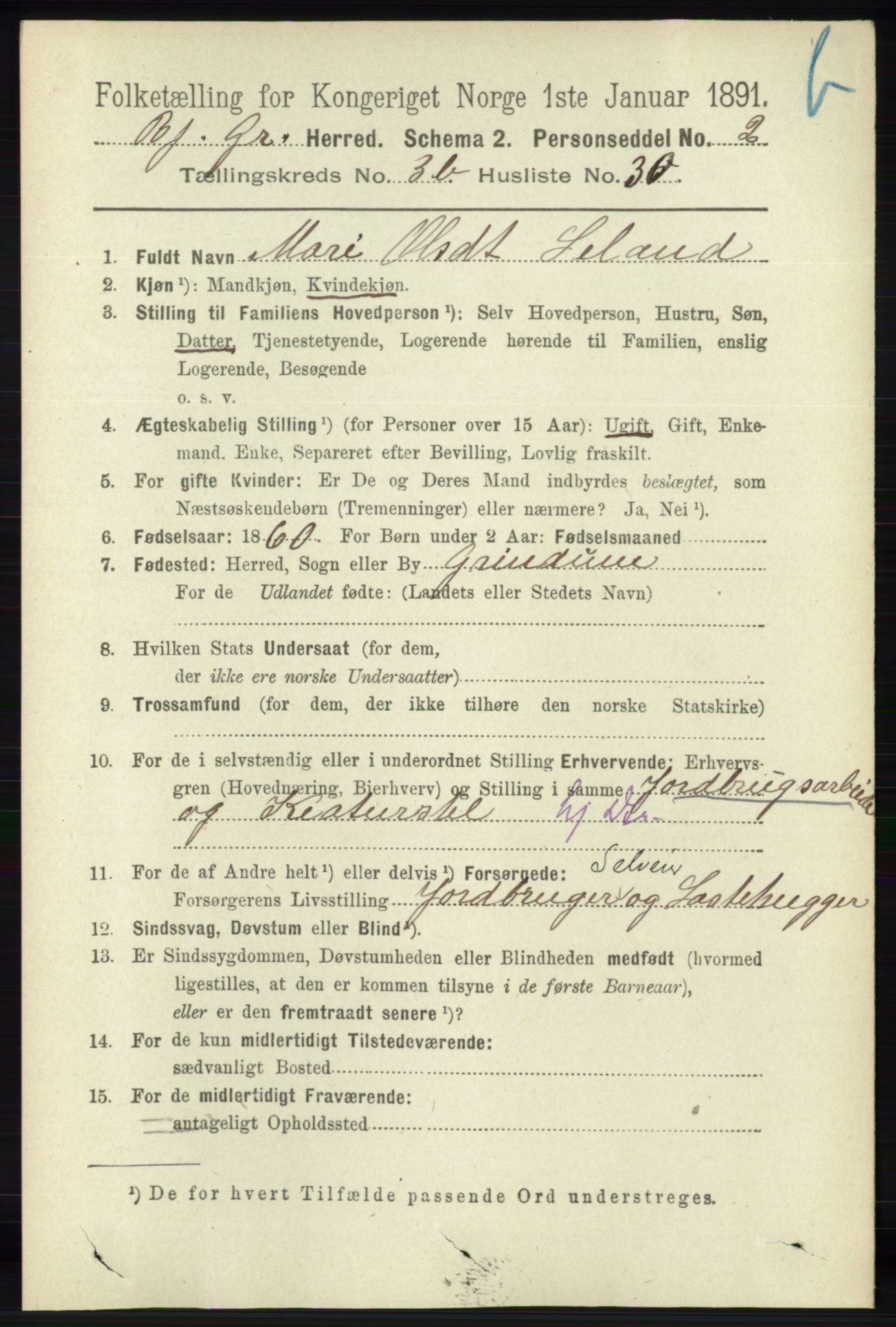 RA, 1891 census for 1024 Bjelland og Grindheim, 1891, p. 1957