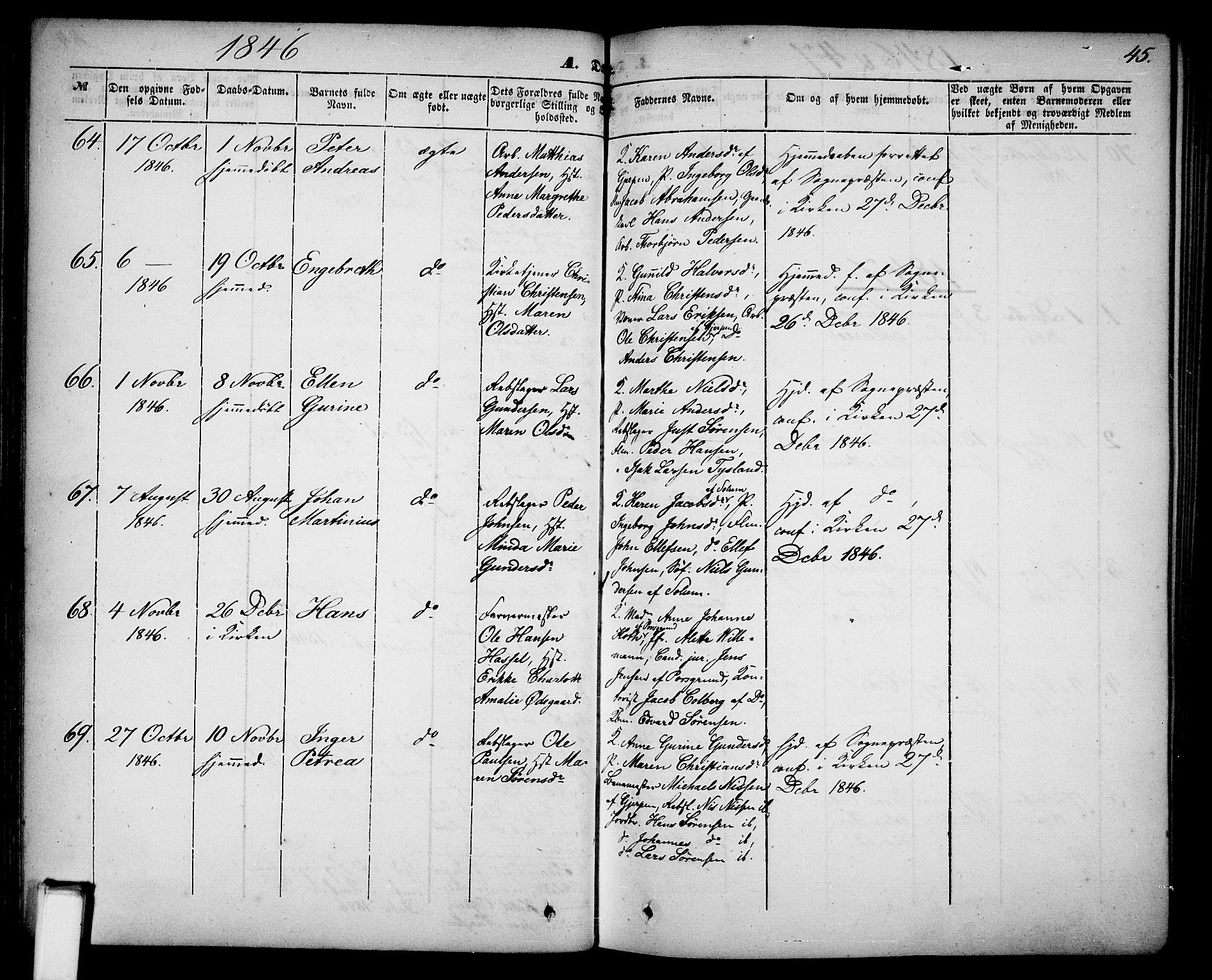 Skien kirkebøker, SAKO/A-302/G/Ga/L0004: Parish register (copy) no. 4, 1843-1867, p. 45