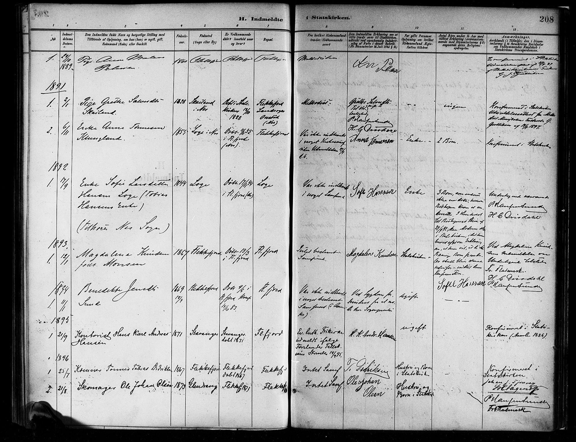 Flekkefjord sokneprestkontor, SAK/1111-0012/F/Fa/Faa/L0001: Parish register (official) no. A 1, 1885-1900, p. 208