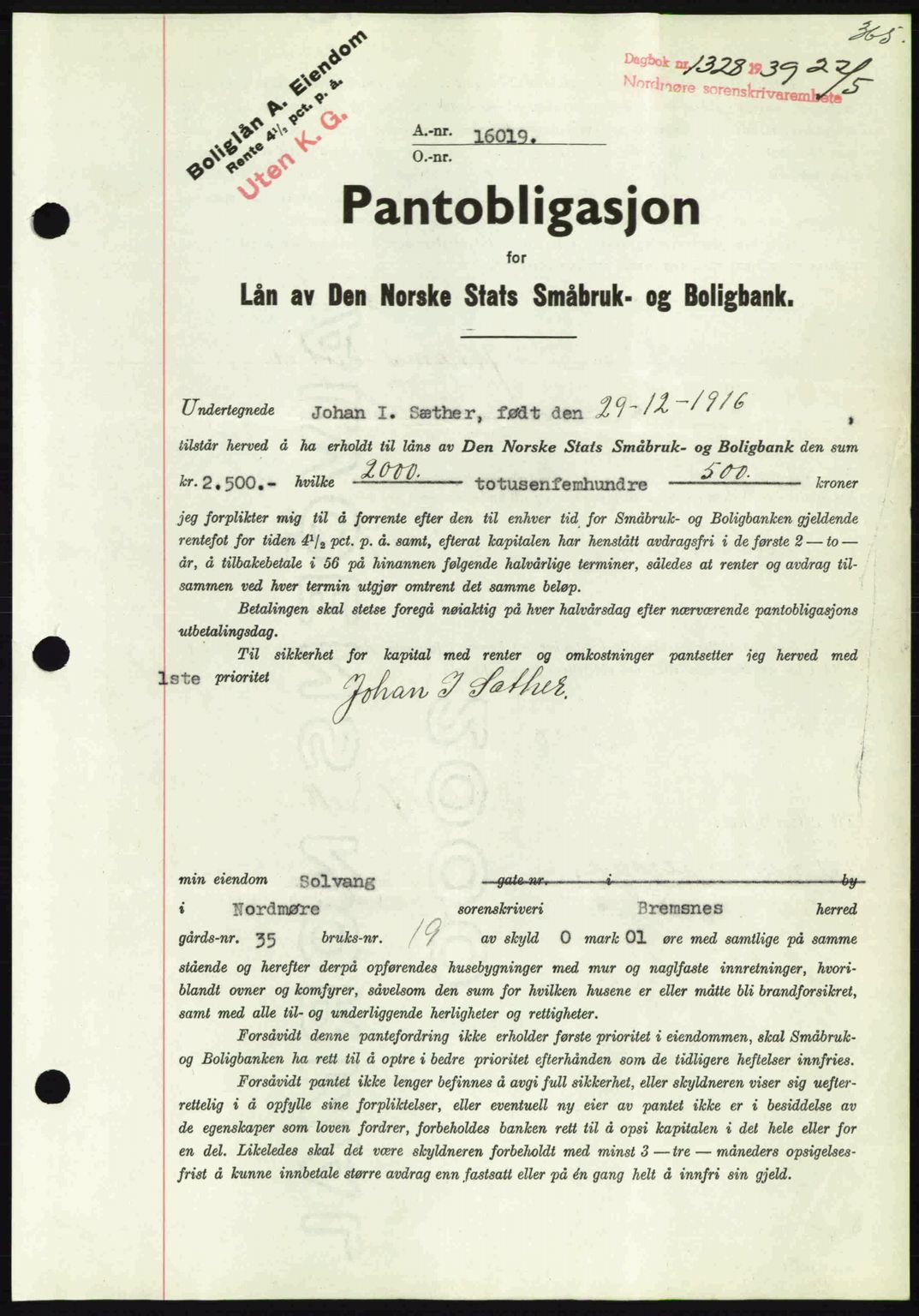 Nordmøre sorenskriveri, AV/SAT-A-4132/1/2/2Ca: Mortgage book no. B85, 1939-1939, Diary no: : 1328/1939