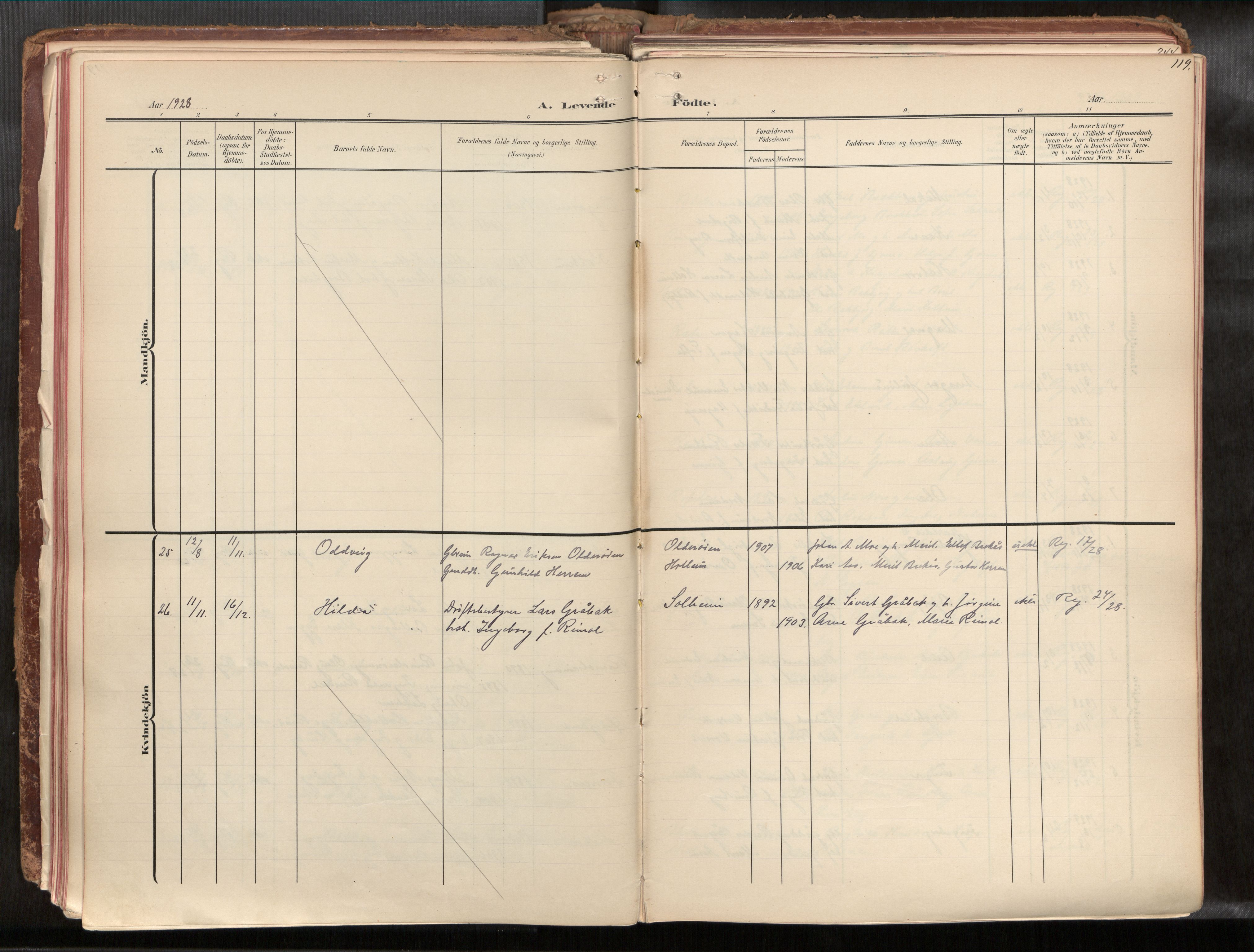 Ministerialprotokoller, klokkerbøker og fødselsregistre - Sør-Trøndelag, AV/SAT-A-1456/691/L1085b: Parish register (official) no. 691A18, 1908-1930, p. 119