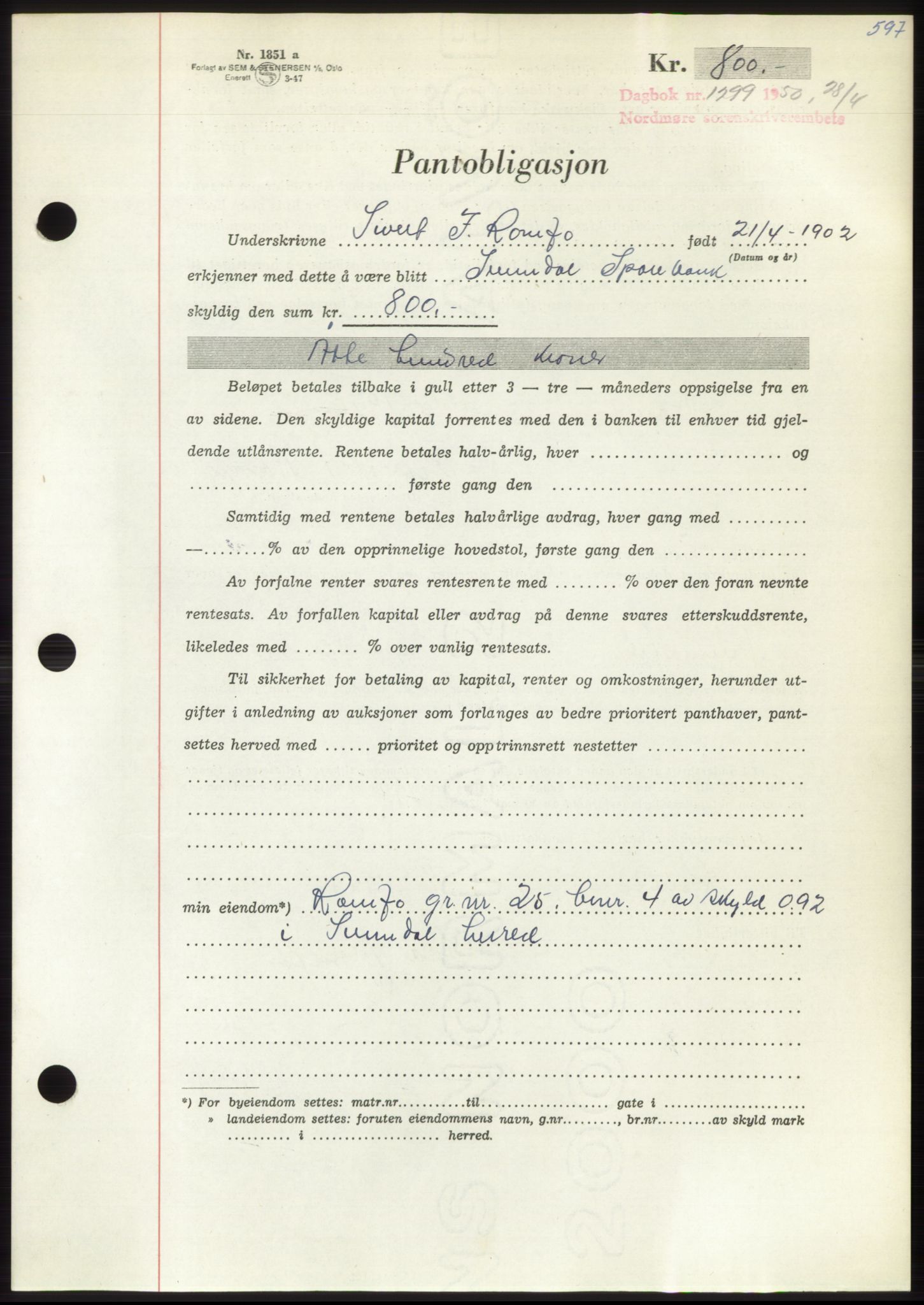 Nordmøre sorenskriveri, AV/SAT-A-4132/1/2/2Ca: Mortgage book no. B104, 1950-1950, Diary no: : 1299/1950