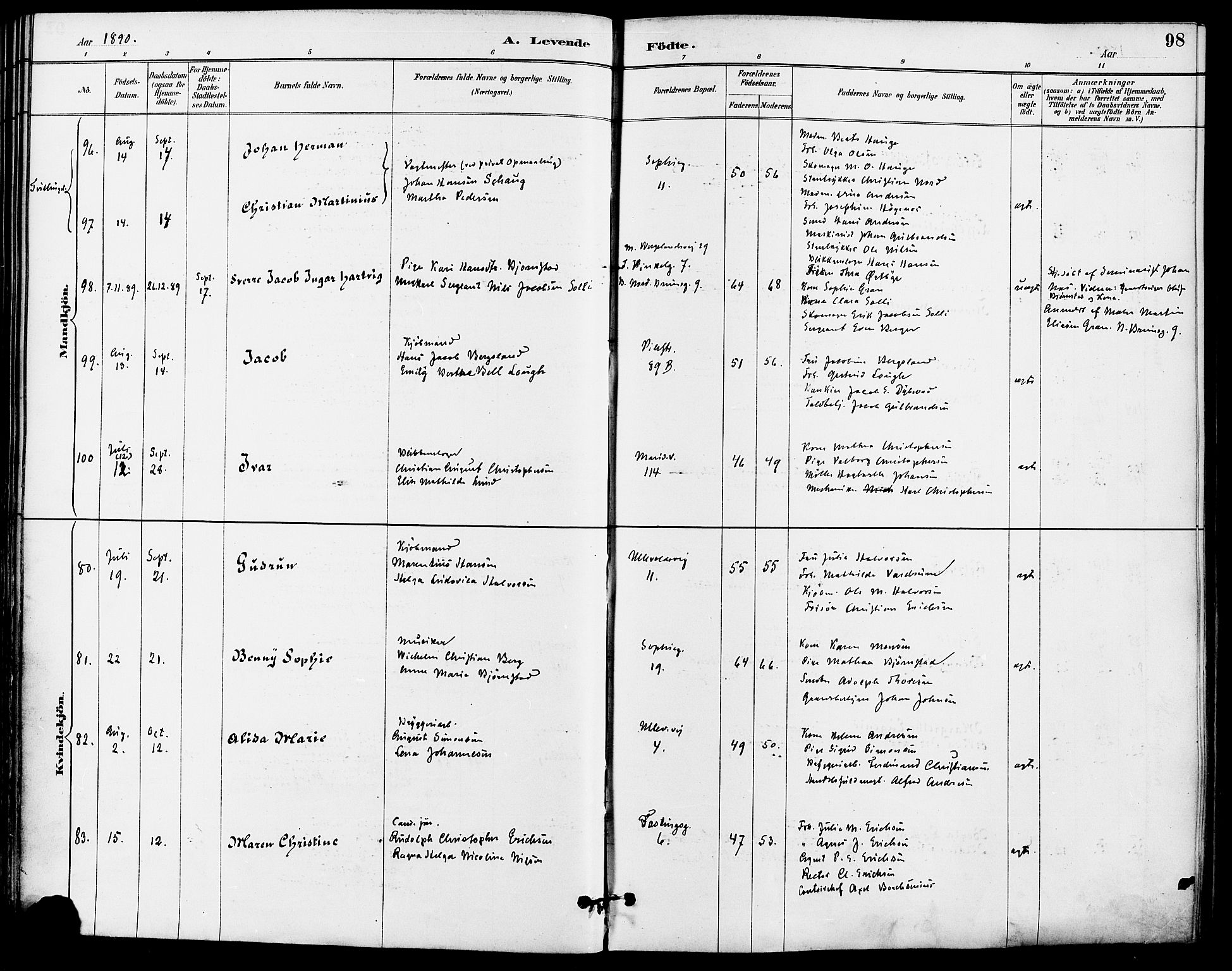 Gamle Aker prestekontor Kirkebøker, AV/SAO-A-10617a/F/L0008: Parish register (official) no. 8, 1887-1896, p. 98
