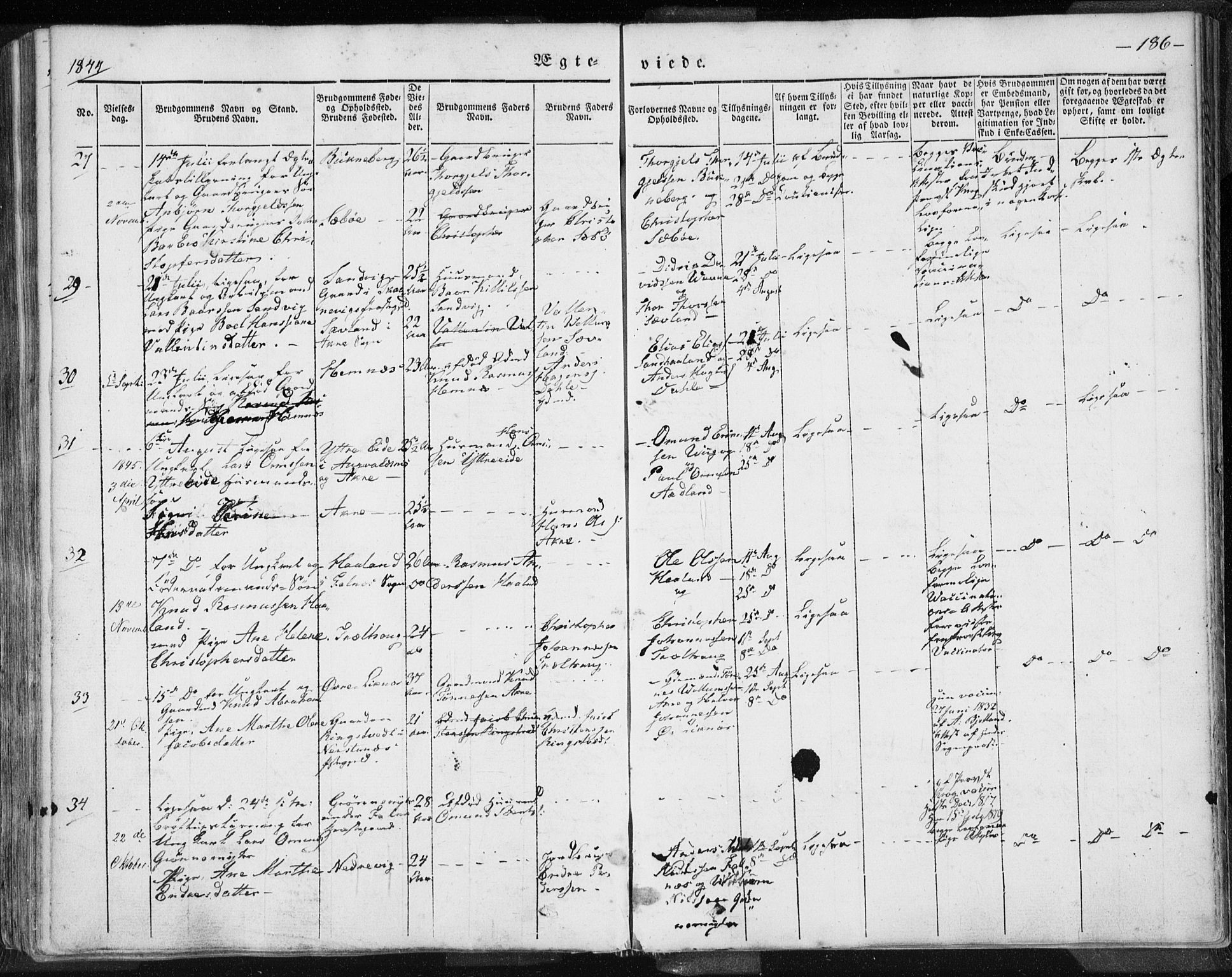 Skudenes sokneprestkontor, SAST/A -101849/H/Ha/Haa/L0002: Parish register (official) no. A 2.1, 1841-1846, p. 186