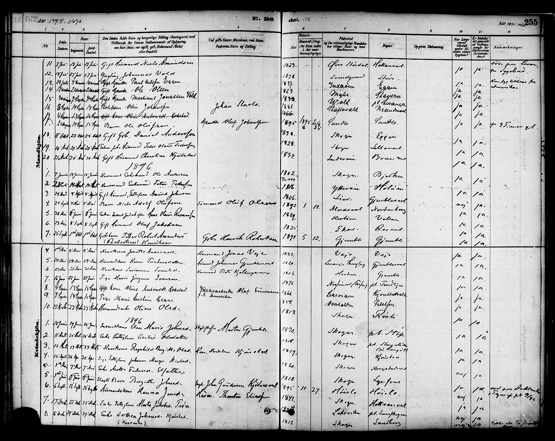 Ministerialprotokoller, klokkerbøker og fødselsregistre - Nord-Trøndelag, AV/SAT-A-1458/717/L0159: Parish register (official) no. 717A09, 1878-1898, p. 255