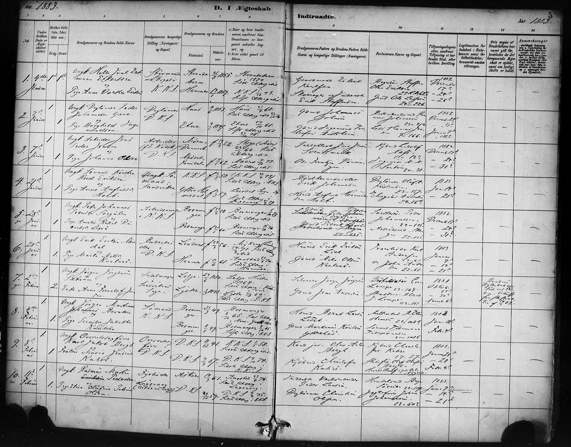 Korskirken sokneprestembete, SAB/A-76101/H/Haa/L0037: Parish register (official) no. D 4, 1883-1904, p. 5