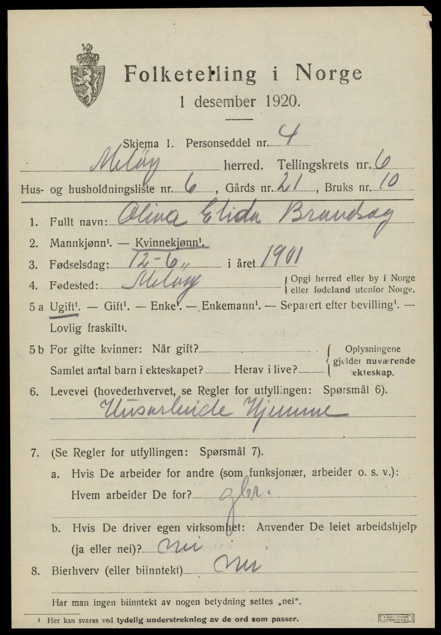 SAT, 1920 census for Meløy, 1920, p. 3469