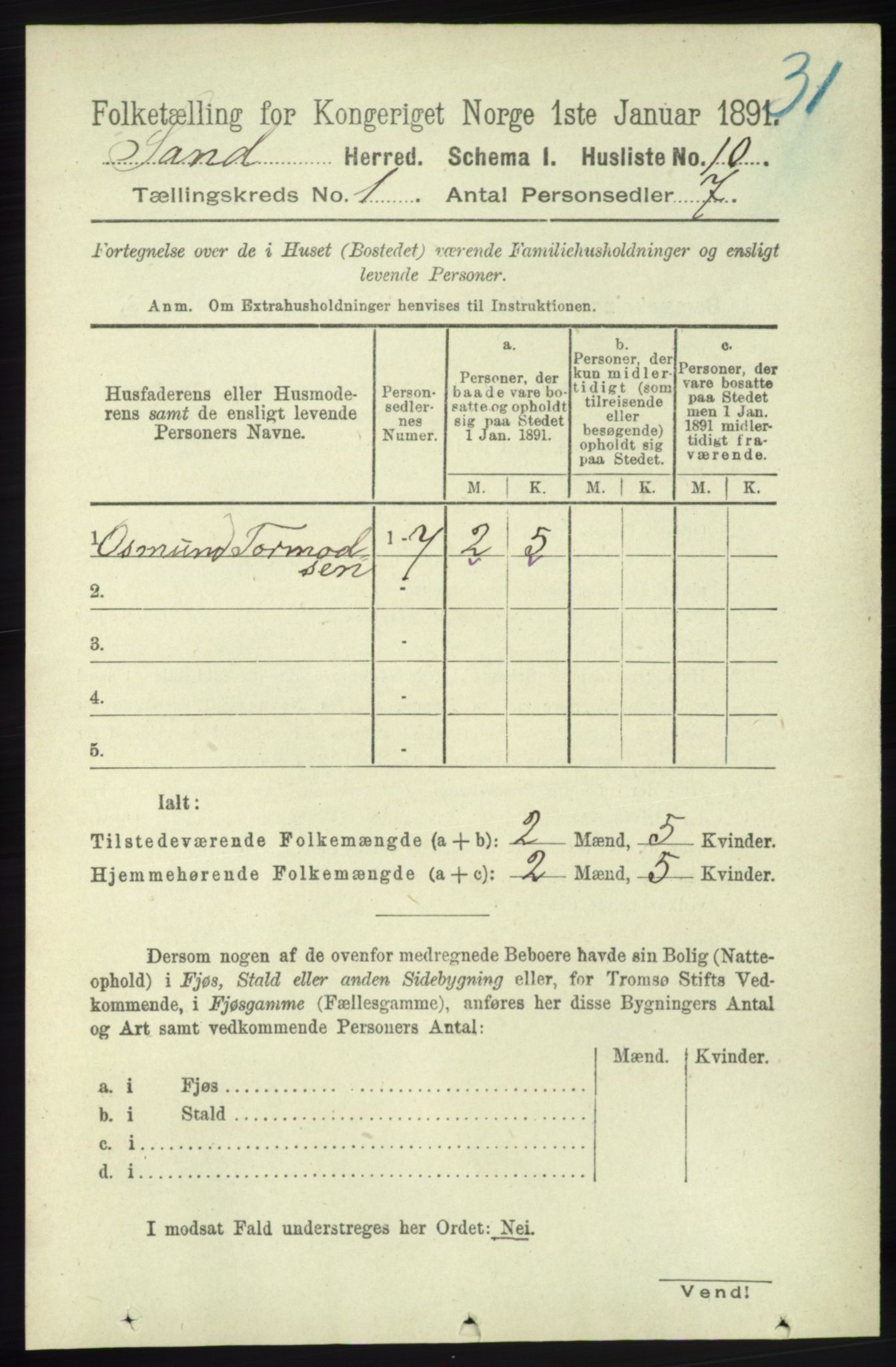 RA, 1891 census for 1136 Sand, 1891, p. 25