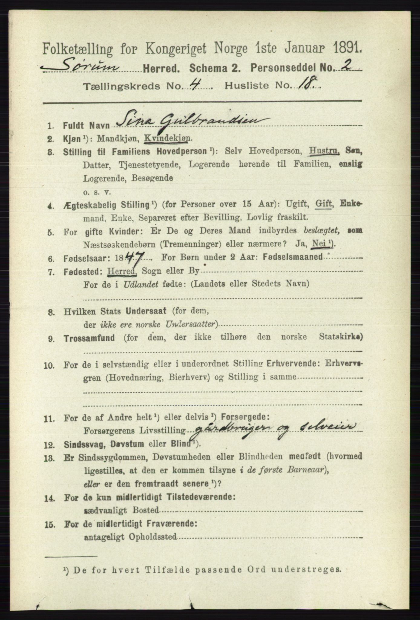RA, 1891 census for 0226 Sørum, 1891, p. 1989