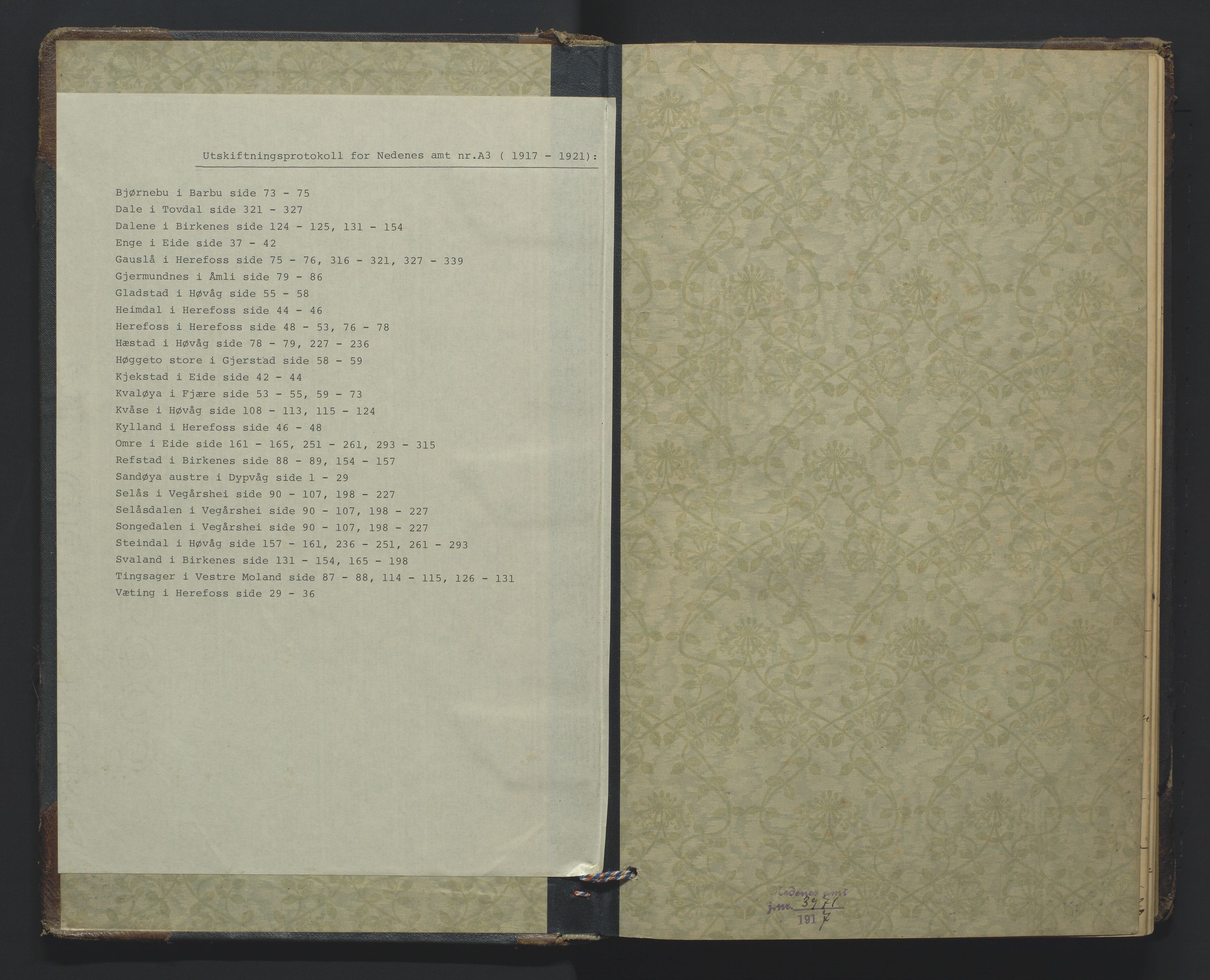 Utskiftningsformannen i Nedenes amt, AV/SAK-1541-0002/F/Fa/Faa/L0028: Utskiftningsprotokoll med gårdsregister, Nedenes amt nr A-3, 1917-1921