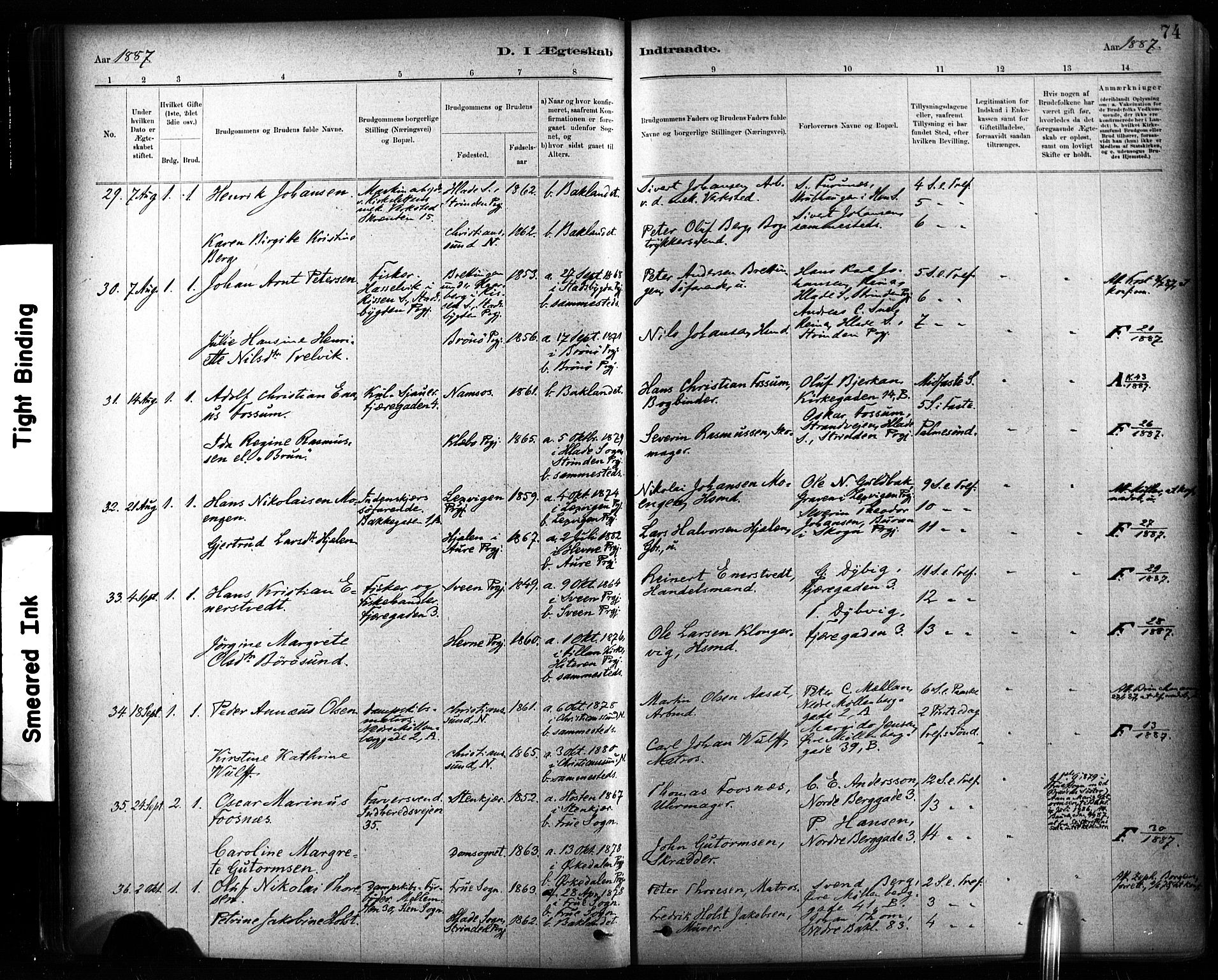 Ministerialprotokoller, klokkerbøker og fødselsregistre - Sør-Trøndelag, AV/SAT-A-1456/604/L0189: Parish register (official) no. 604A10, 1878-1892, p. 74