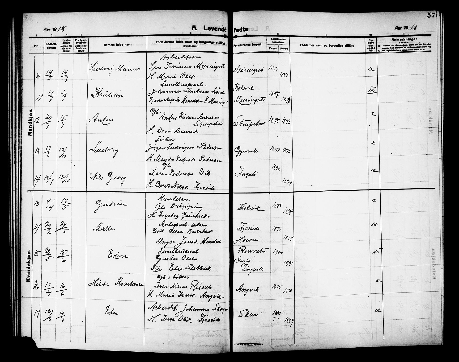 Ministerialprotokoller, klokkerbøker og fødselsregistre - Møre og Romsdal, AV/SAT-A-1454/586/L0993: Parish register (copy) no. 586C04, 1910-1918, p. 57