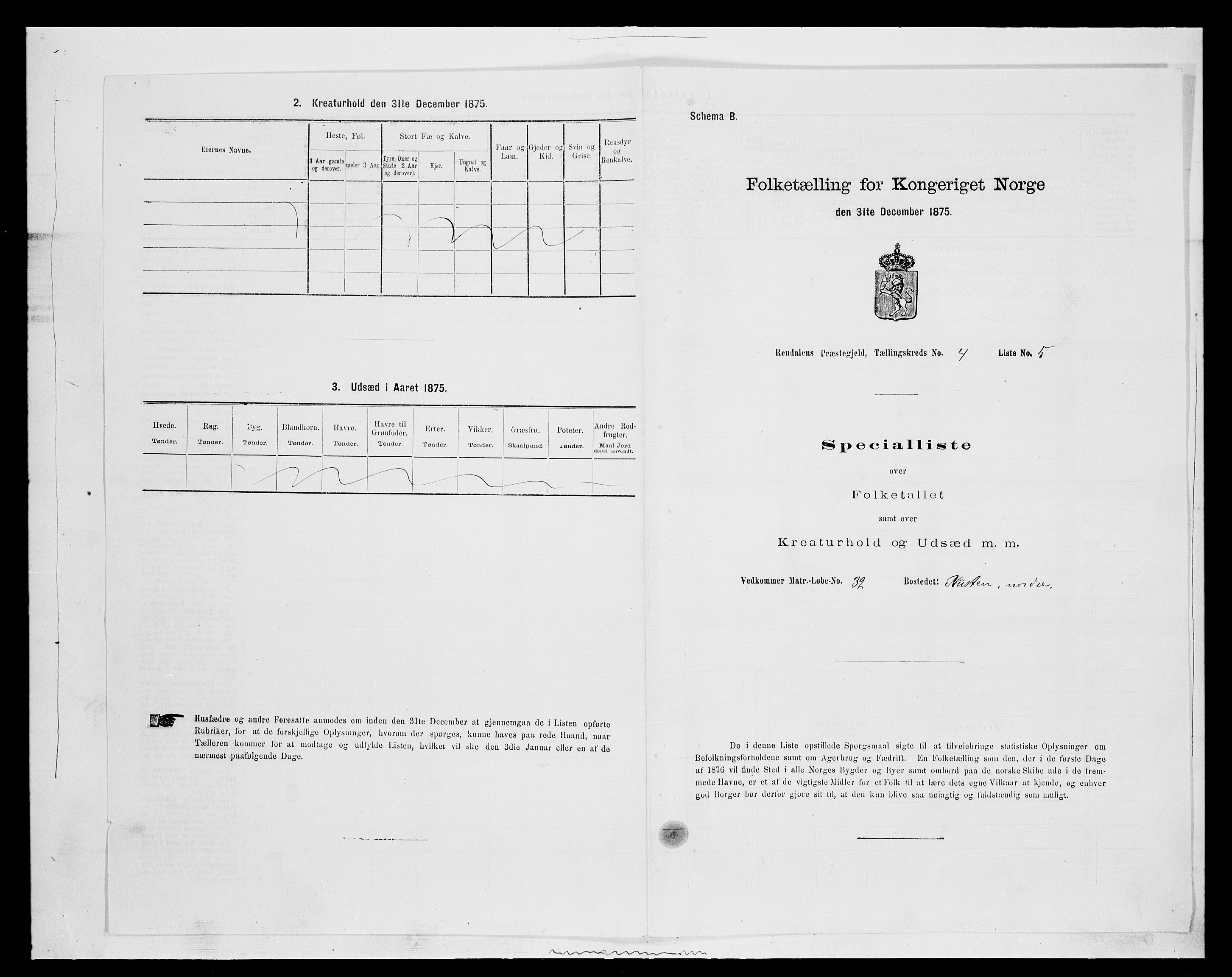 SAH, 1875 census for 0432P Rendalen, 1875, p. 405