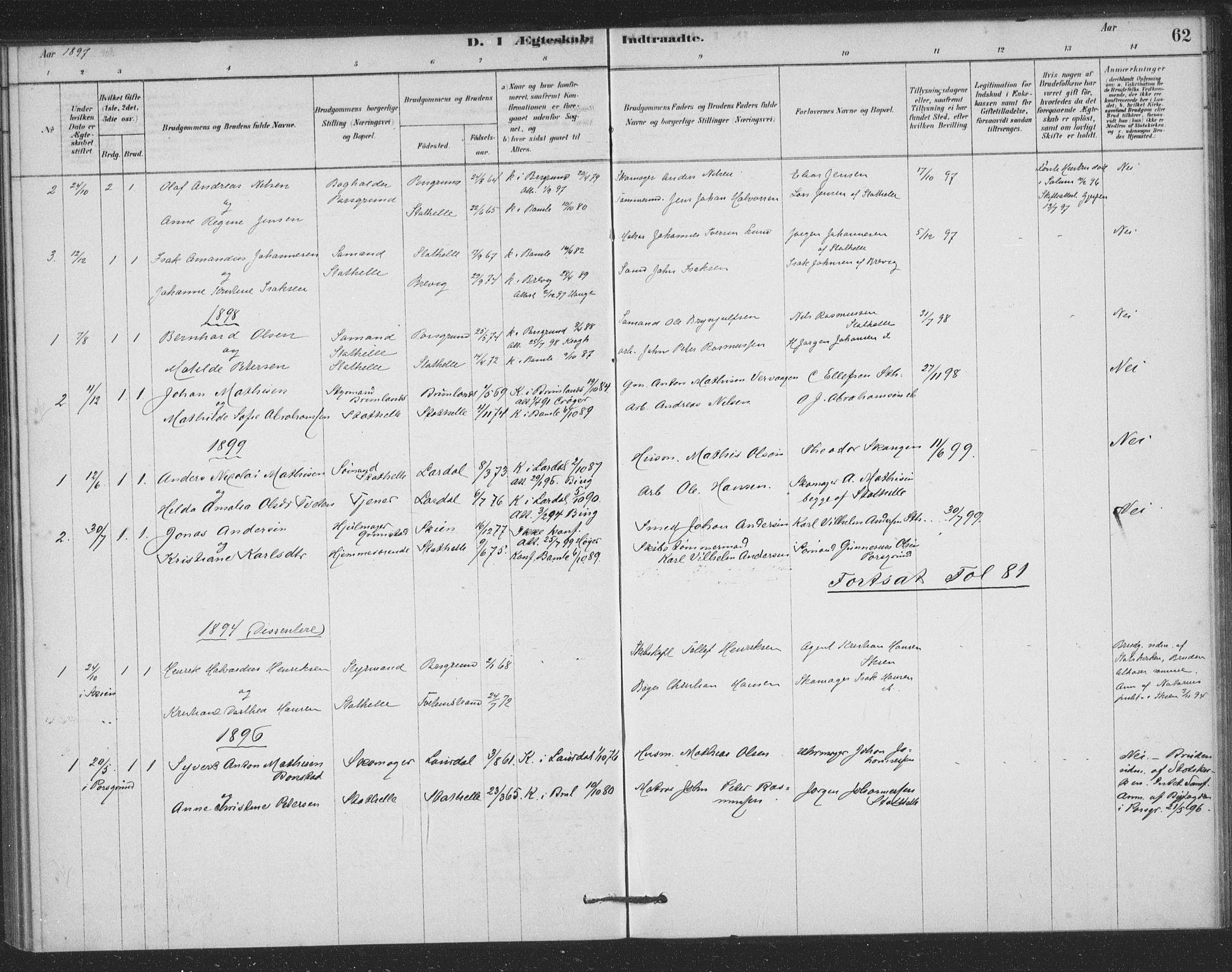 Bamble kirkebøker, AV/SAKO-A-253/F/Fb/L0001: Parish register (official) no. II 1, 1878-1899, p. 62