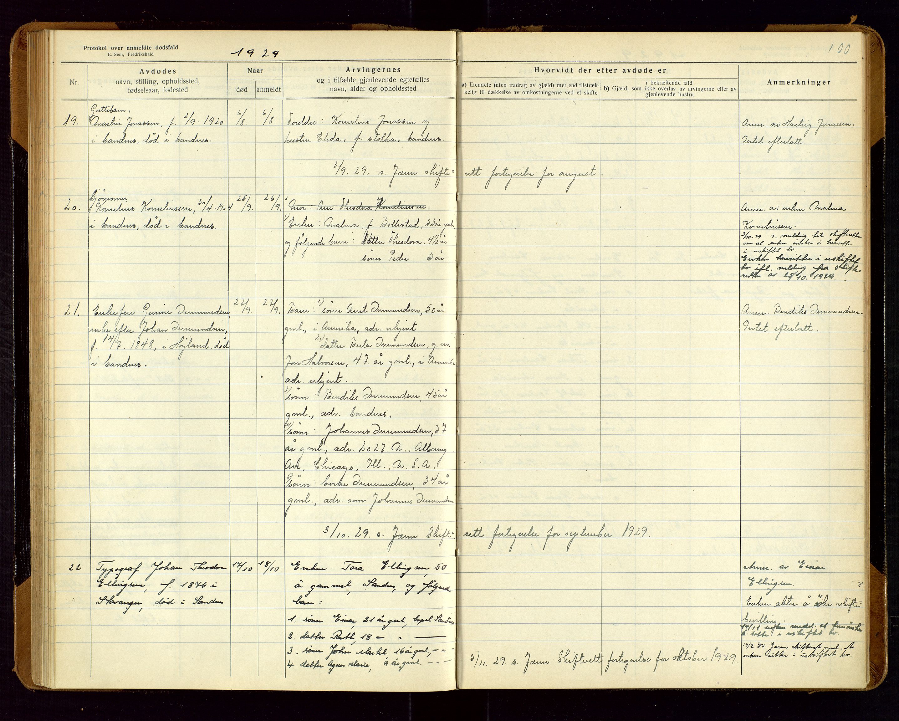 Sandnes lensmannskontor, SAST/A-100167/Gga/L0001: "Protokol over anmeldte dødsfald" m/register, 1918-1940, p. 100