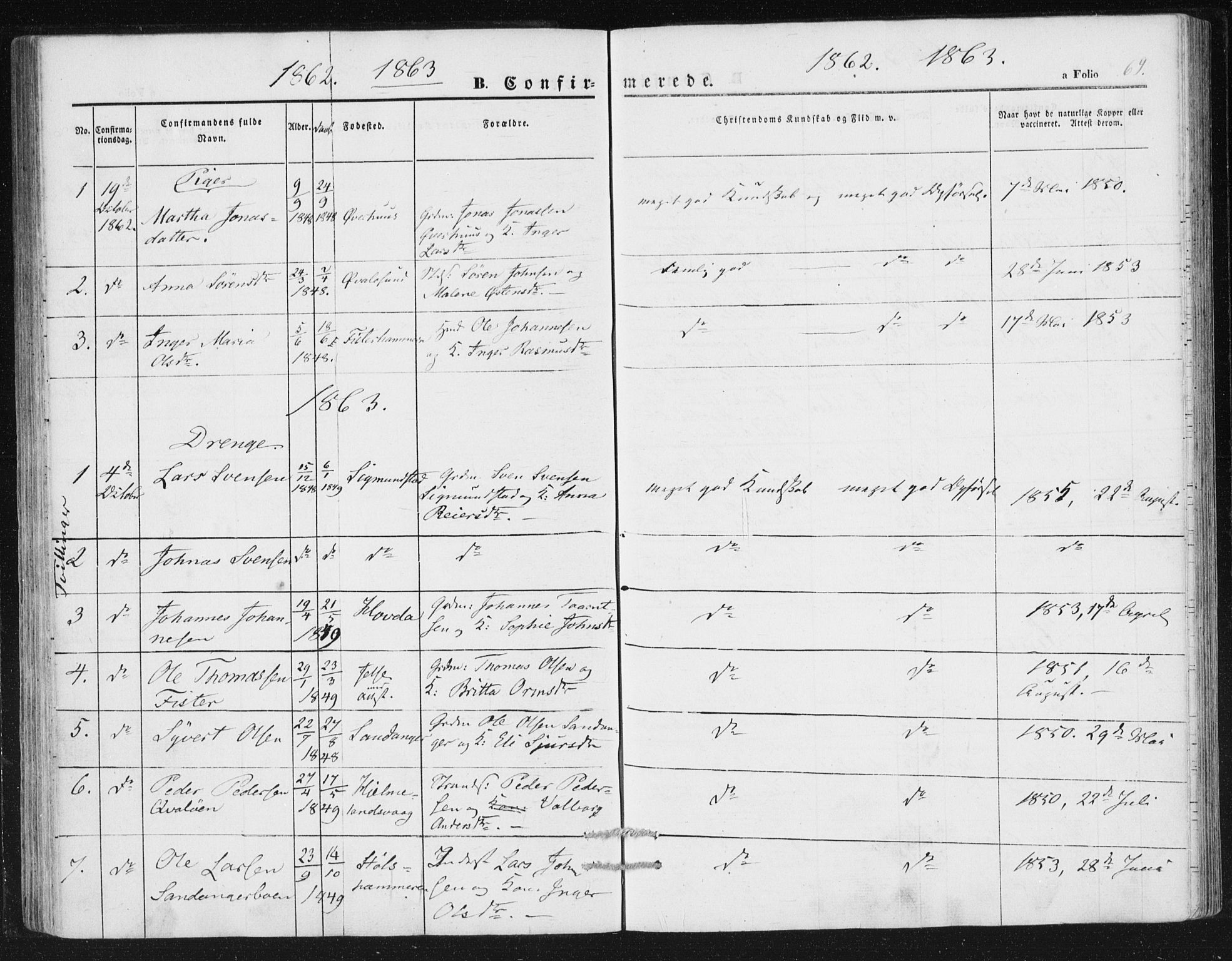 Hjelmeland sokneprestkontor, SAST/A-101843/01/IV/L0010: Parish register (official) no. A 10, 1851-1871, p. 69