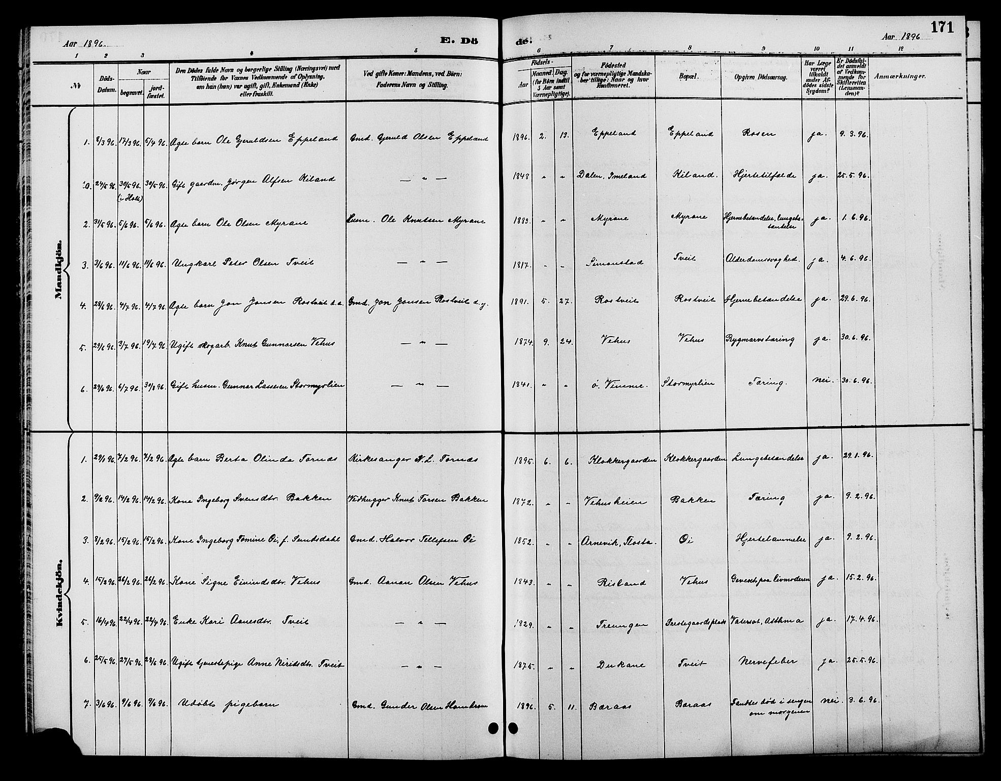 Åmli sokneprestkontor, AV/SAK-1111-0050/F/Fb/Fbc/L0004: Parish register (copy) no. B 4, 1889-1902, p. 171