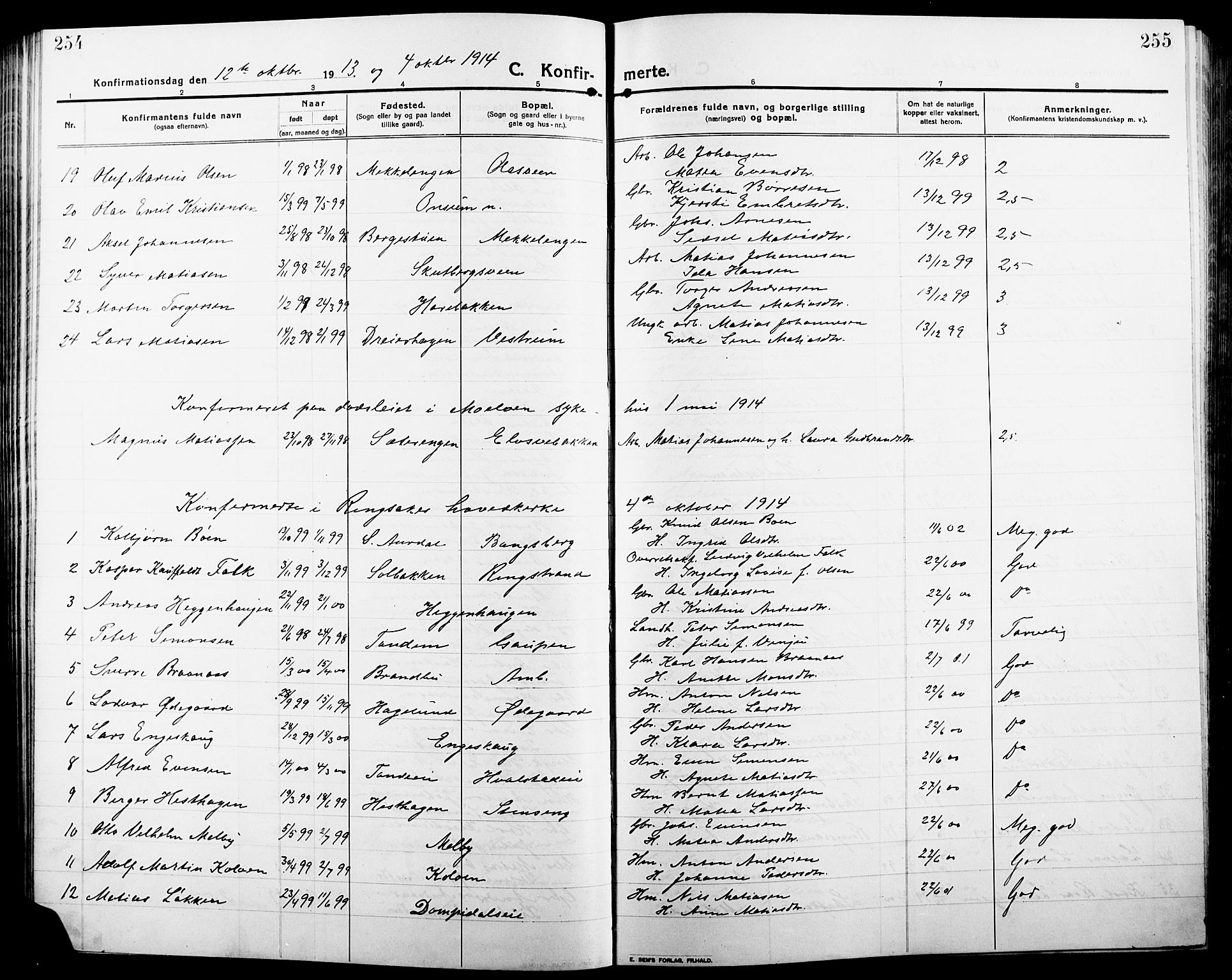 Ringsaker prestekontor, SAH/PREST-014/L/La/L0018: Parish register (copy) no. 18, 1913-1922, p. 254-255