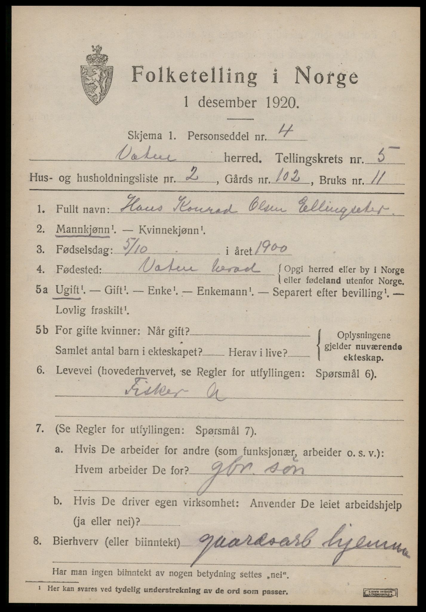 SAT, 1920 census for Vatne, 1920, p. 2162