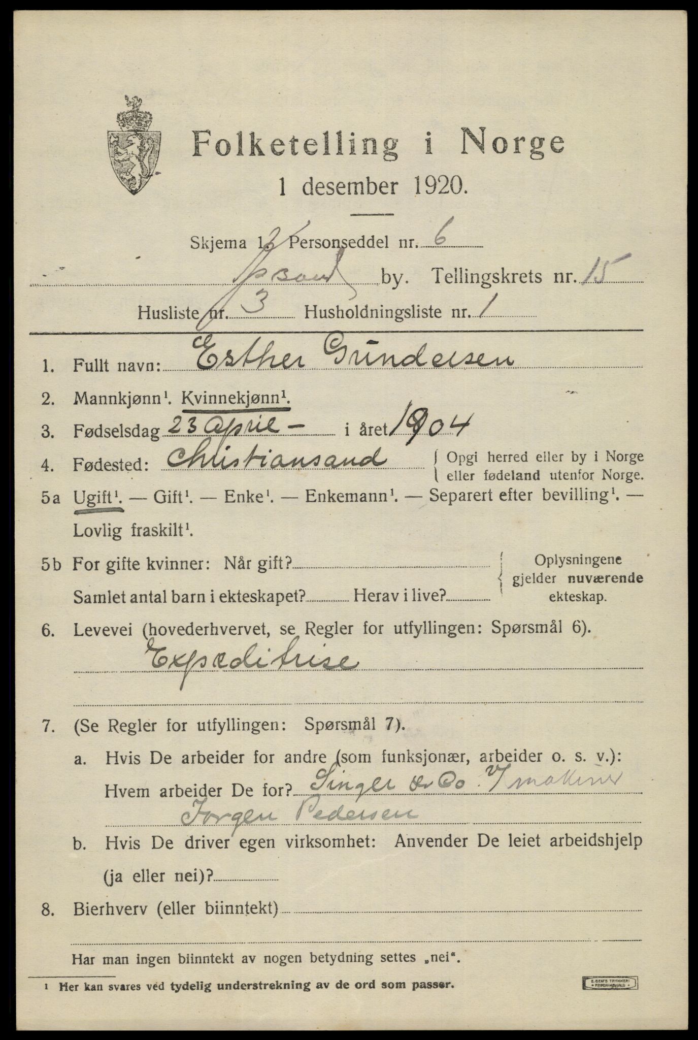 SAK, 1920 census for Kristiansand, 1920, p. 30039