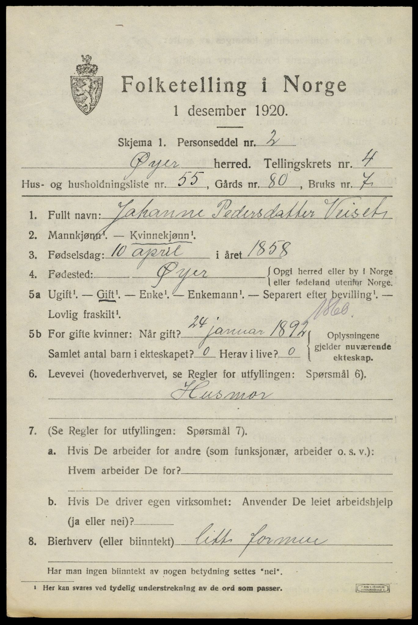 SAH, 1920 census for Øyer, 1920, p. 4453