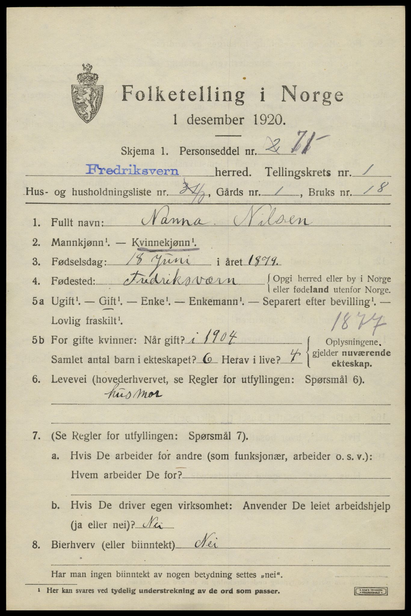 SAKO, 1920 census for Fredriksvern, 1920, p. 591