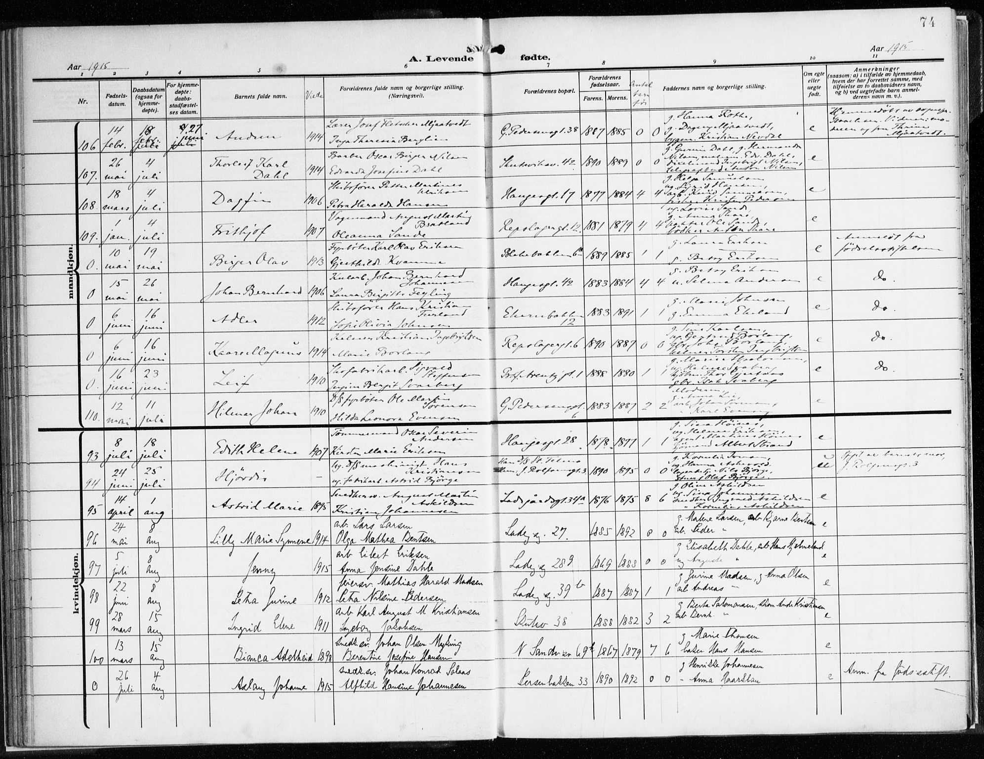 Sandviken Sokneprestembete, AV/SAB-A-77601/H/Ha/L0007: Parish register (official) no. B 4, 1912-1924, p. 74