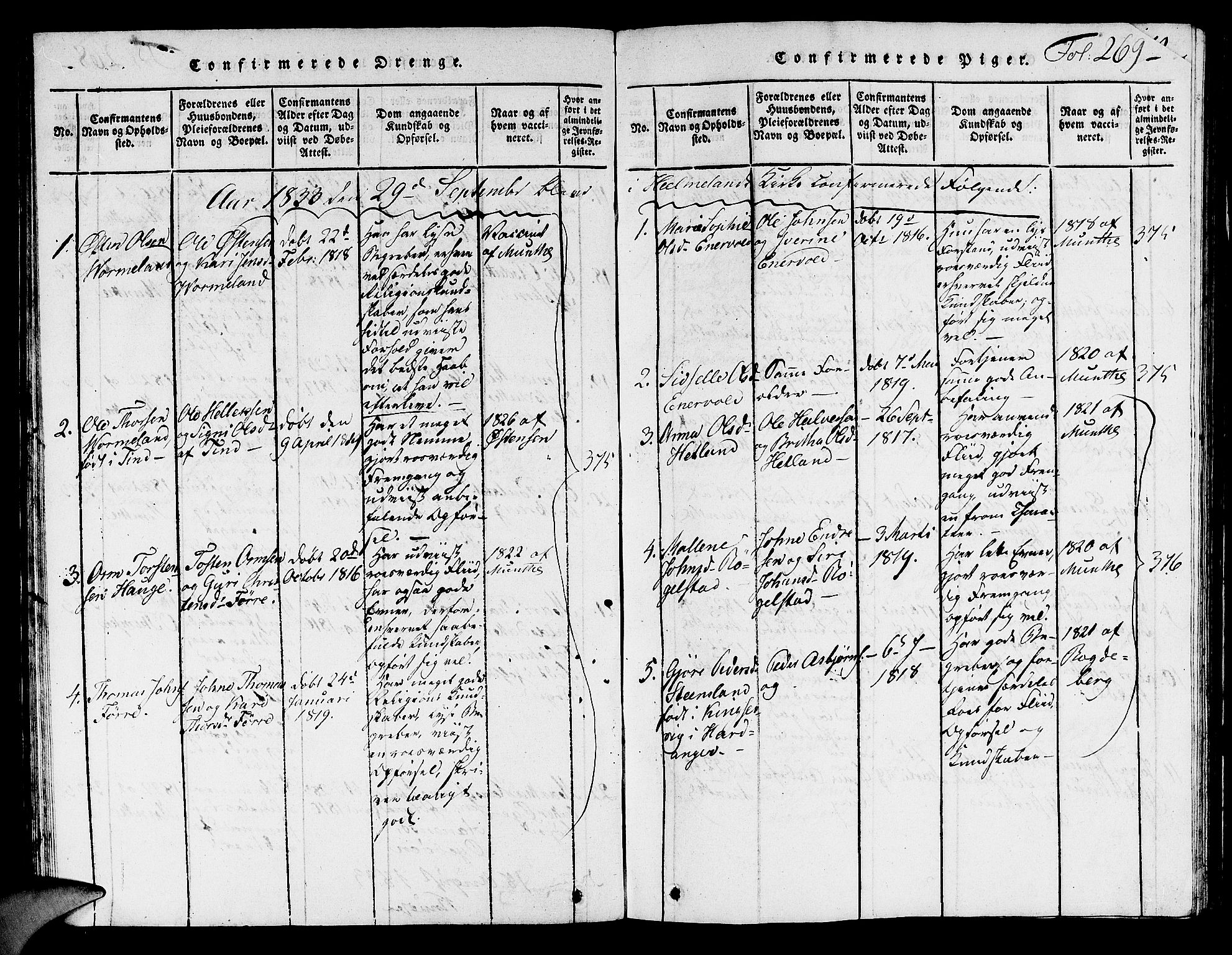 Hjelmeland sokneprestkontor, AV/SAST-A-101843/01/V/L0001: Parish register (copy) no. B 1, 1816-1841, p. 269