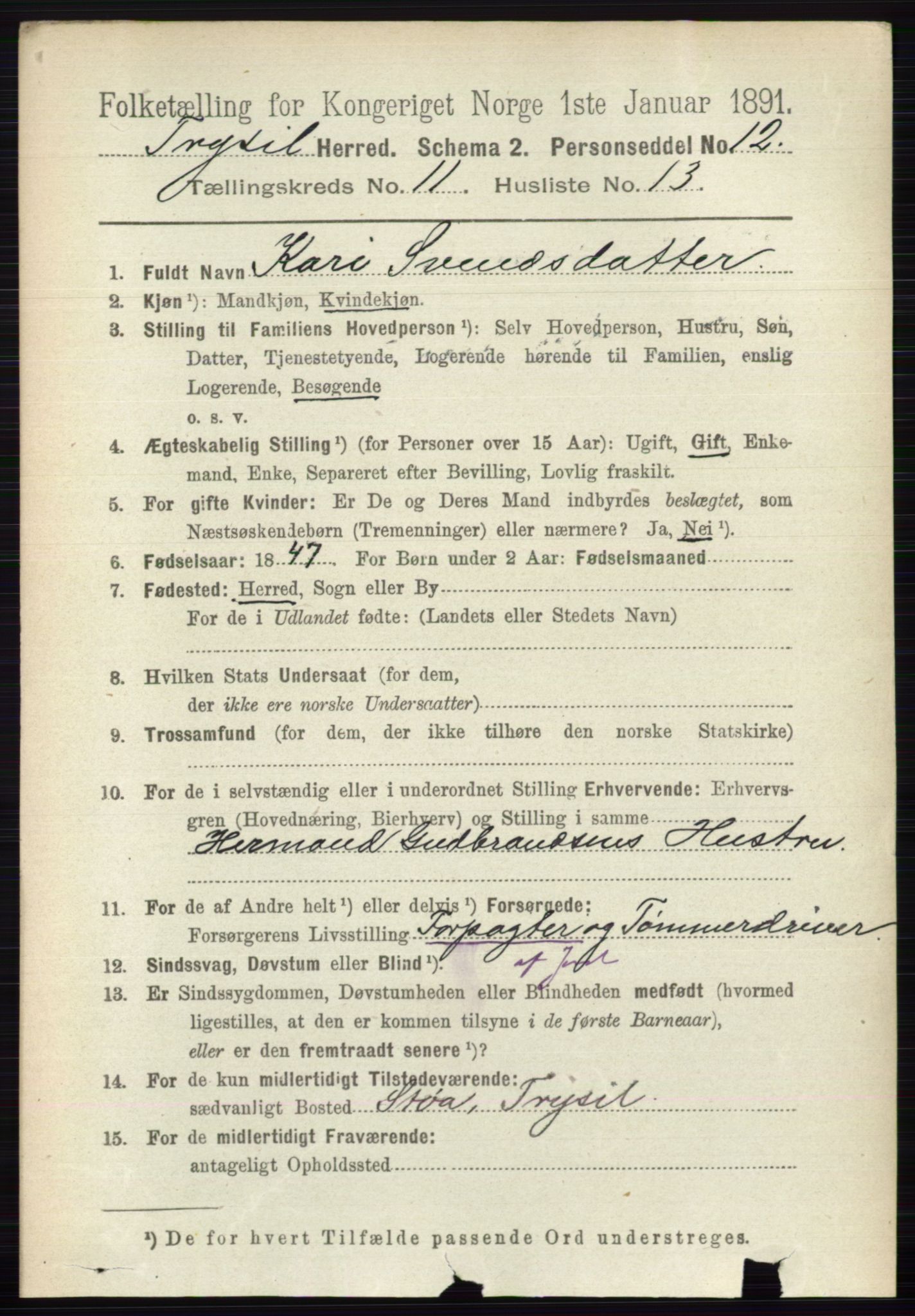 RA, 1891 census for 0428 Trysil, 1891, p. 5604