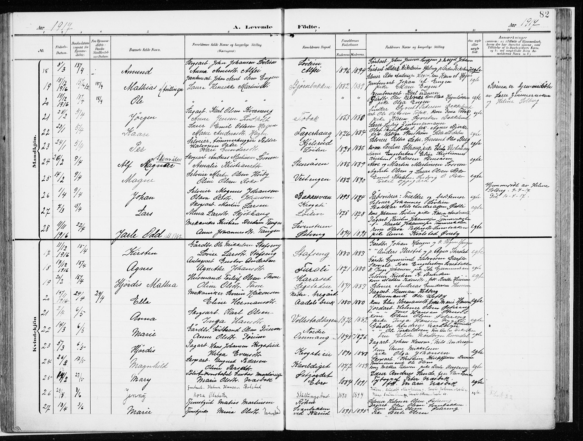 Løten prestekontor, AV/SAH-PREST-022/K/Ka/L0011: Parish register (official) no. 11, 1908-1917, p. 82