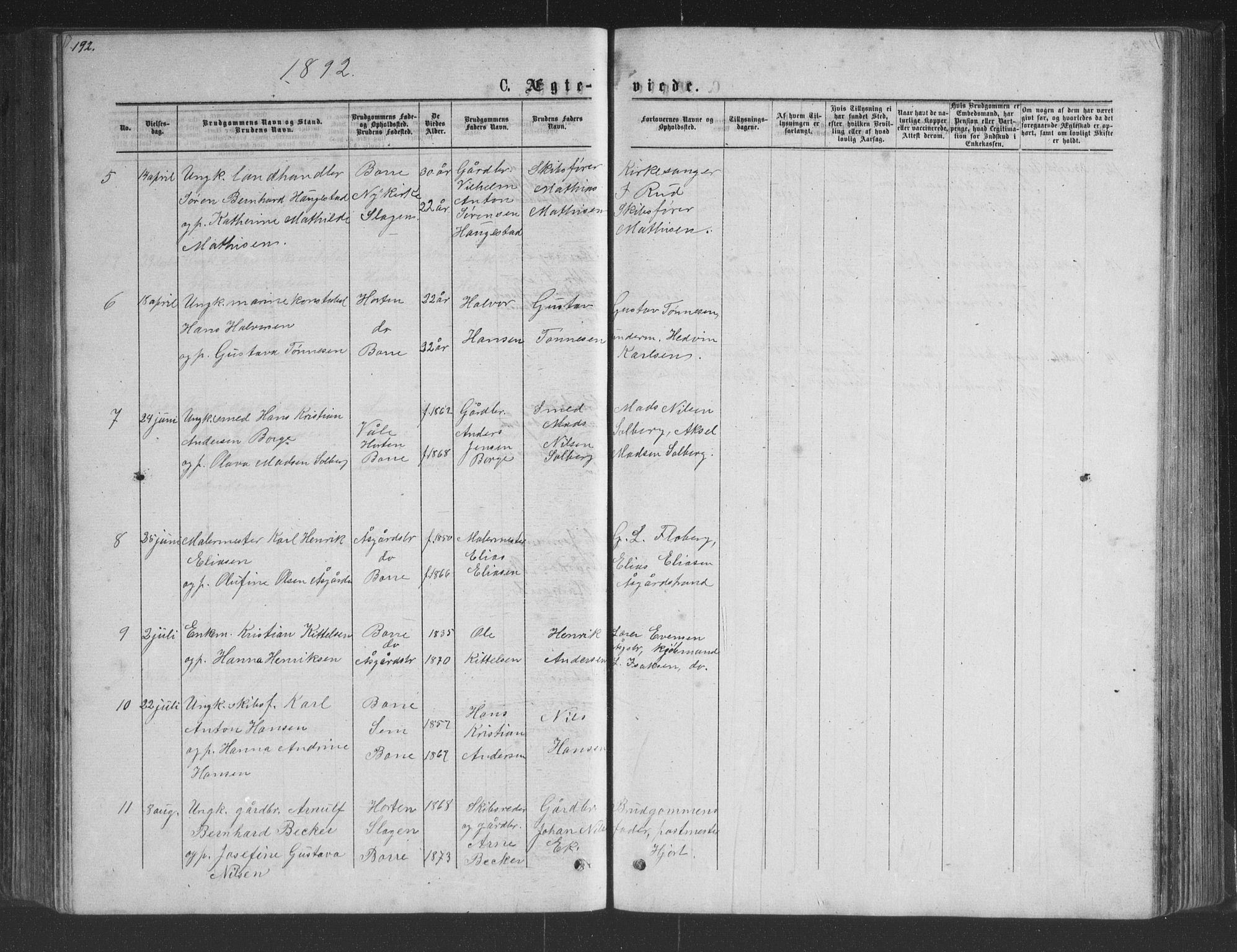 Borre kirkebøker, AV/SAKO-A-338/G/Ga/L0003: Parish register (copy) no. I 3, 1871-1892, p. 192