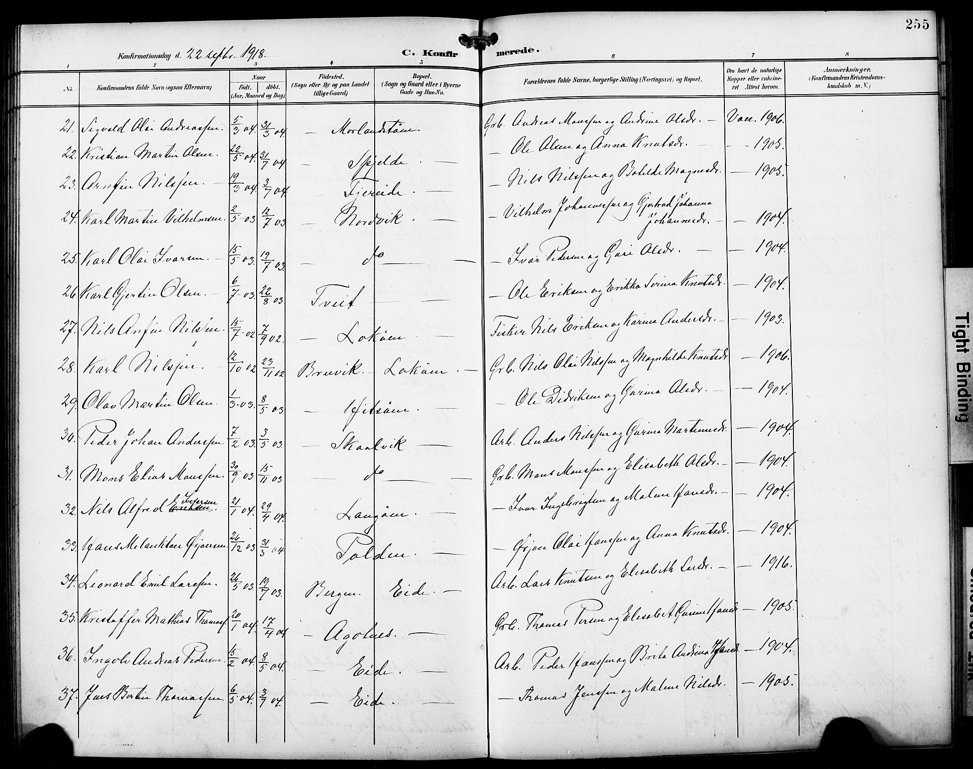 Fjell sokneprestembete, SAB/A-75301/H/Hab: Parish register (copy) no. A 5, 1899-1918, p. 255
