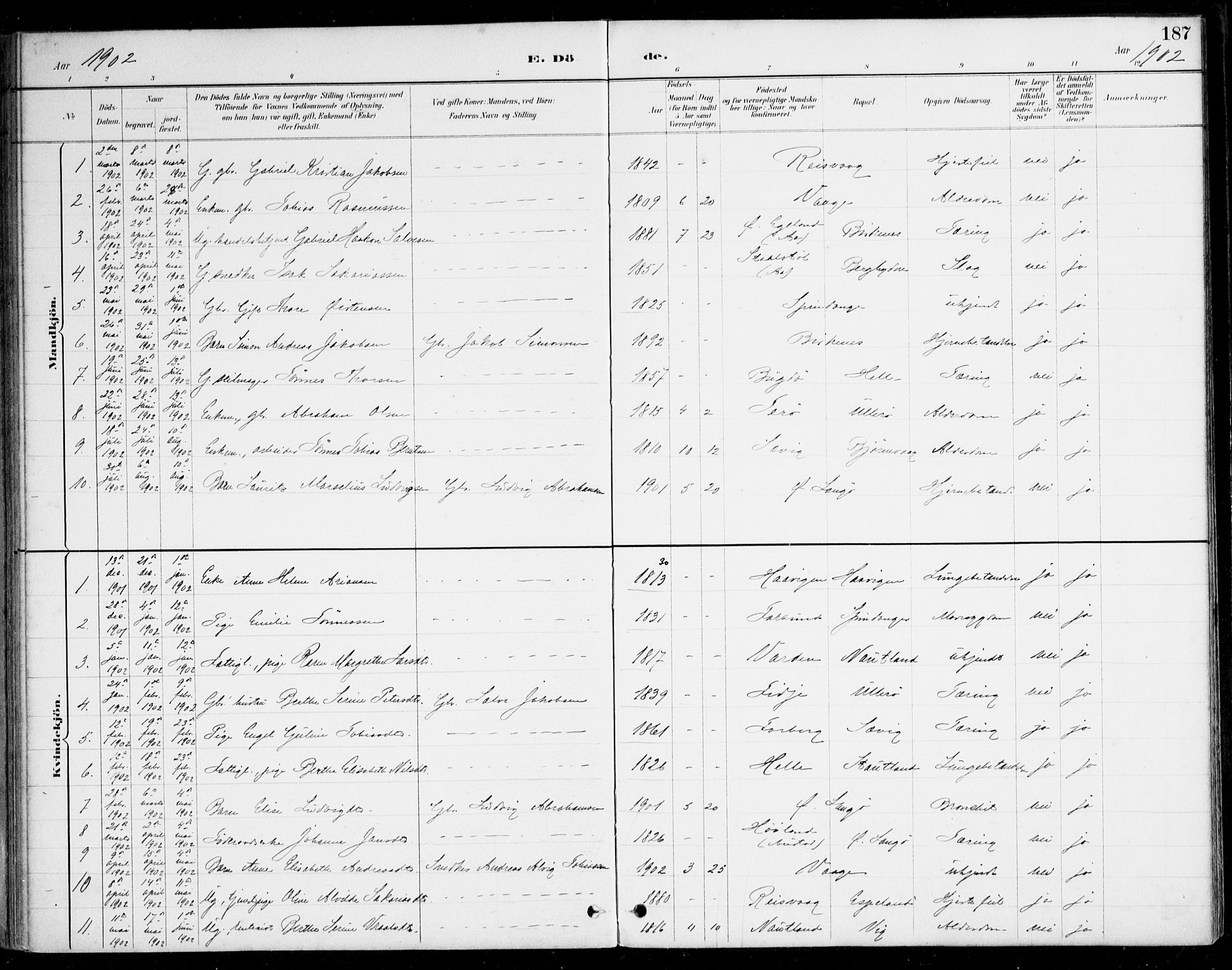 Herad sokneprestkontor, SAK/1111-0018/F/Fa/Fab/L0005: Parish register (official) no. A 5, 1886-1913, p. 187