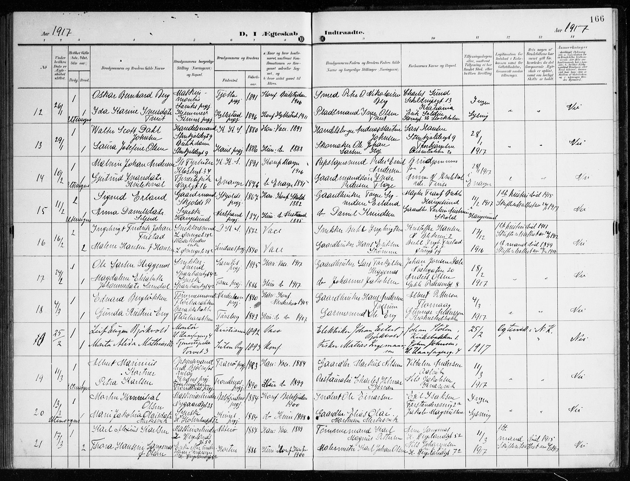 Korskirken sokneprestembete, SAB/A-76101/H/Haa/L0038: Parish register (official) no. D 5, 1904-1919, p. 166