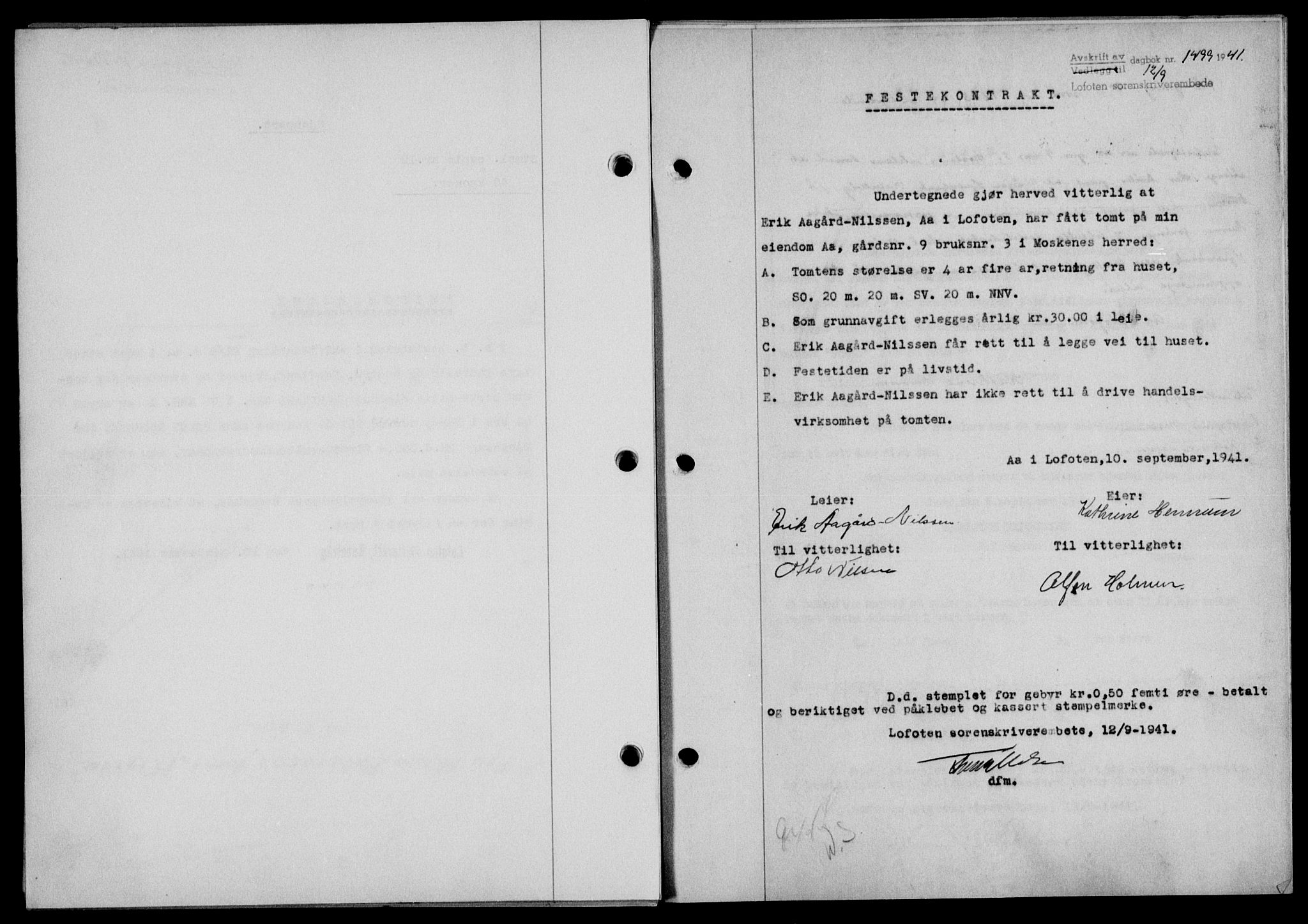 Lofoten sorenskriveri, SAT/A-0017/1/2/2C/L0008a: Mortgage book no. 8a, 1940-1941, Diary no: : 1499/1941