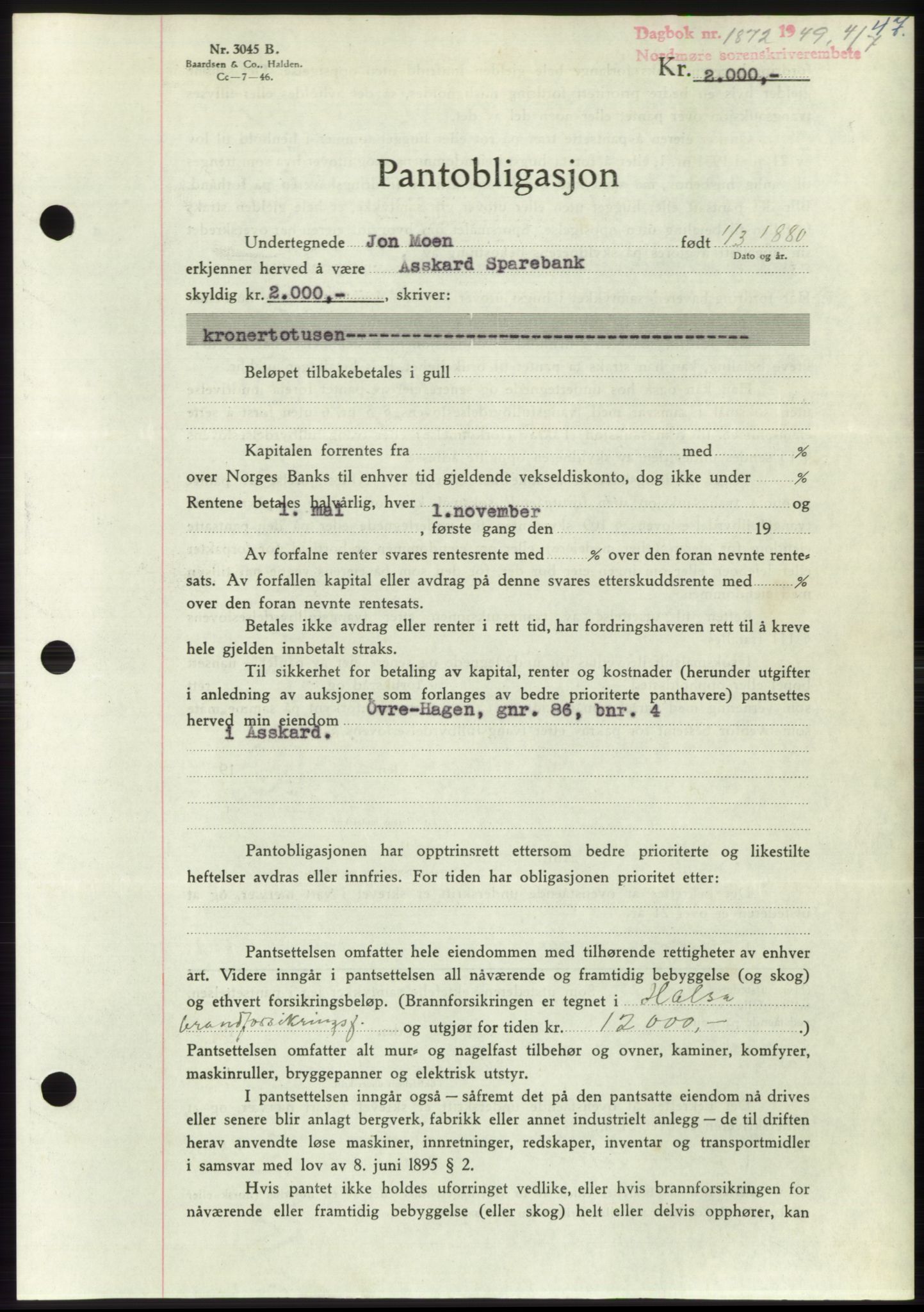 Nordmøre sorenskriveri, AV/SAT-A-4132/1/2/2Ca: Mortgage book no. B102, 1949-1949, Diary no: : 1872/1949