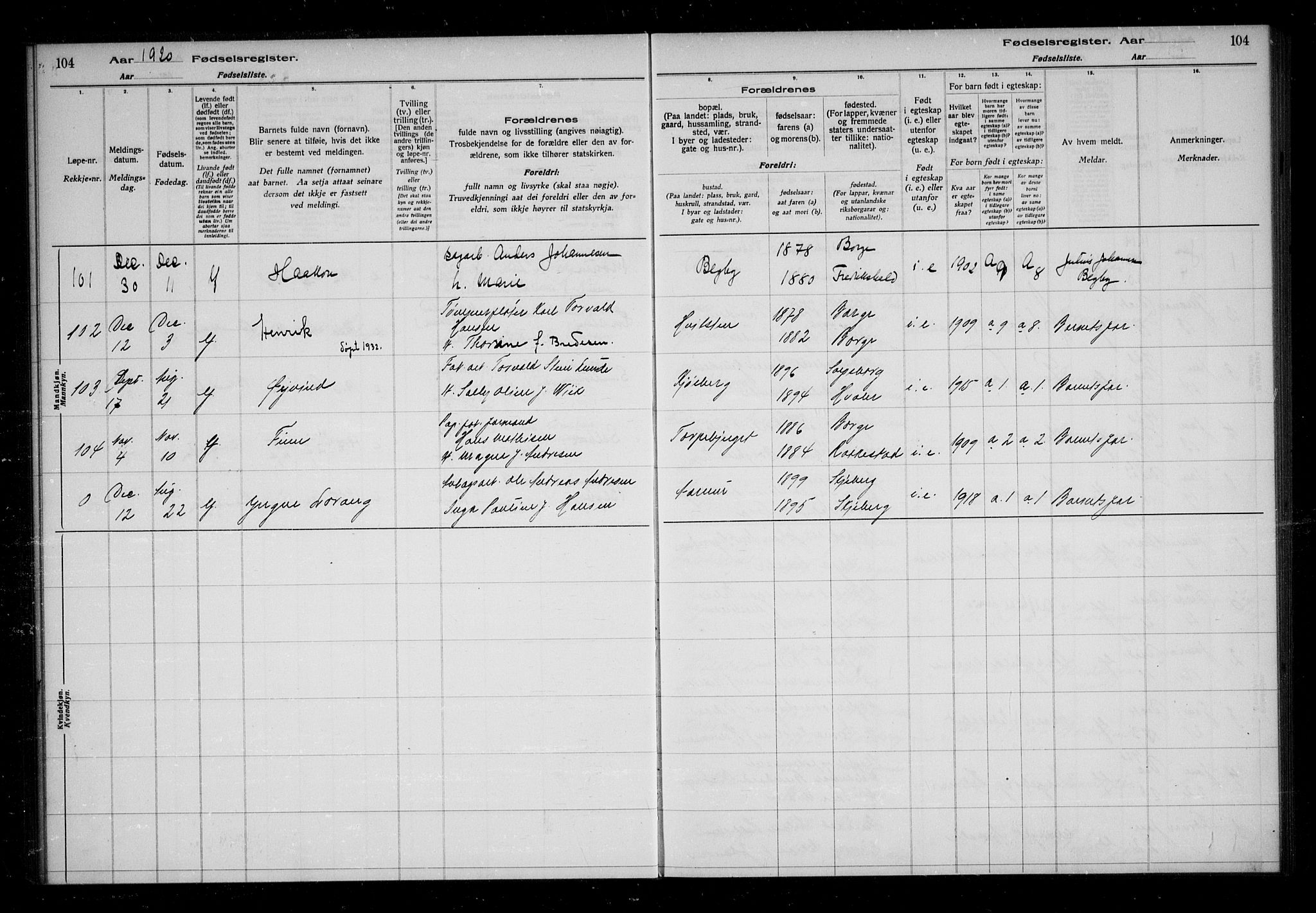 Borge prestekontor Kirkebøker, AV/SAO-A-10903/J/Ja/L0001: Birth register no. I 1, 1916-1925, p. 104