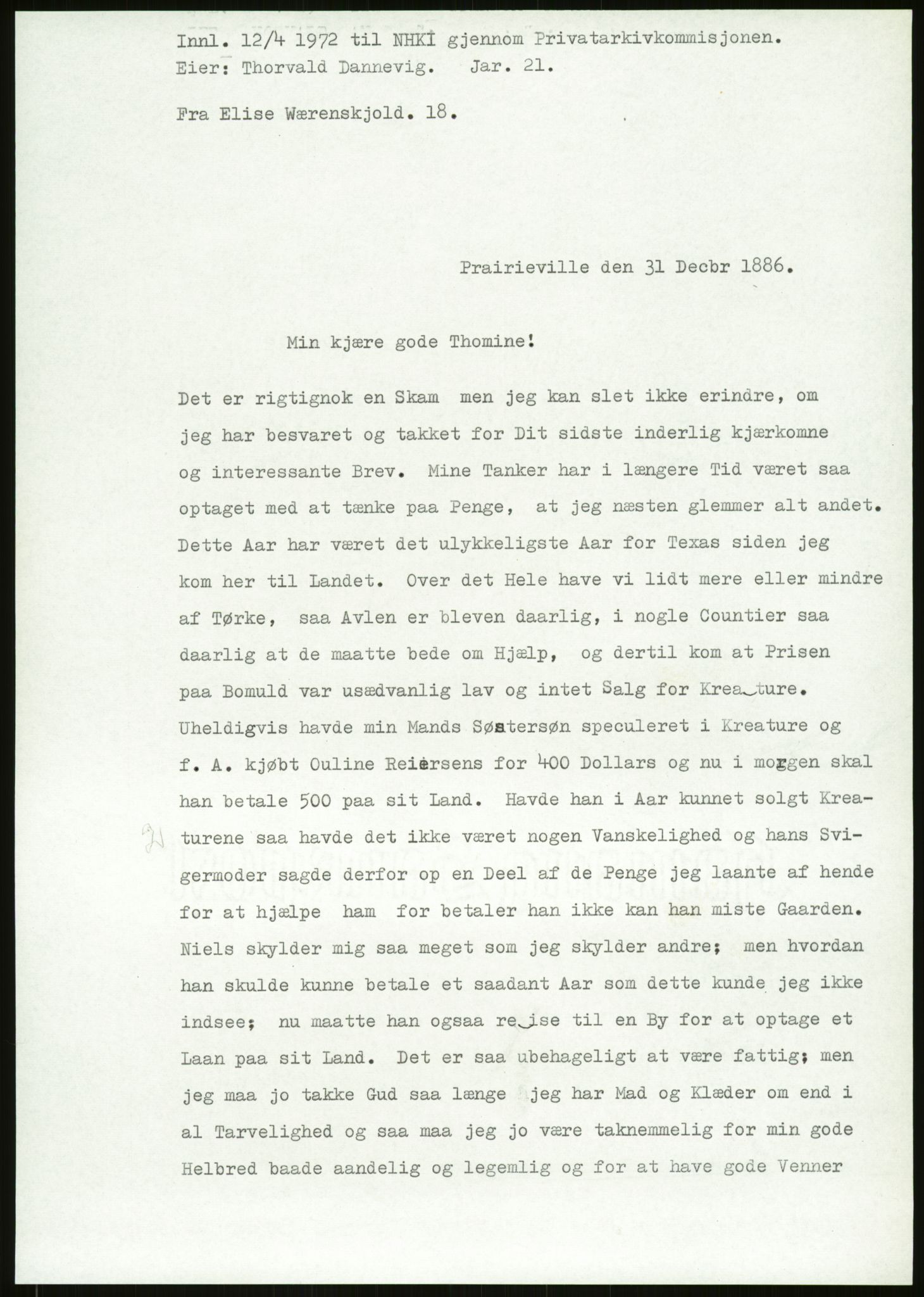 Samlinger til kildeutgivelse, Amerikabrevene, AV/RA-EA-4057/F/L0027: Innlån fra Aust-Agder: Dannevig - Valsgård, 1838-1914, p. 291