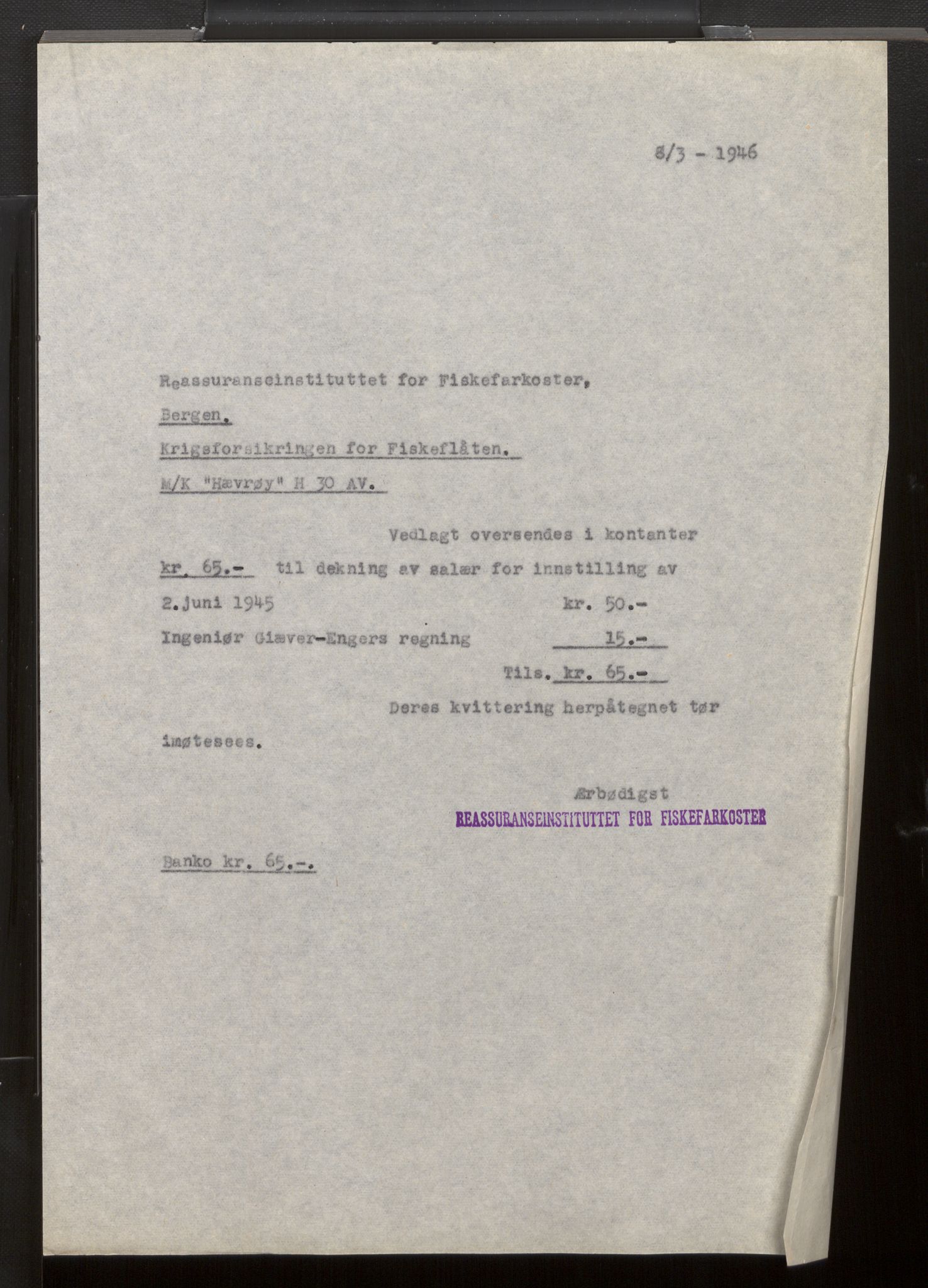 Fiskeridirektoratet - 1 Adm. ledelse - 13 Båtkontoret, SAB/A-2003/La/L0042: Statens krigsforsikring for fiskeflåten, 1936-1971, p. 381