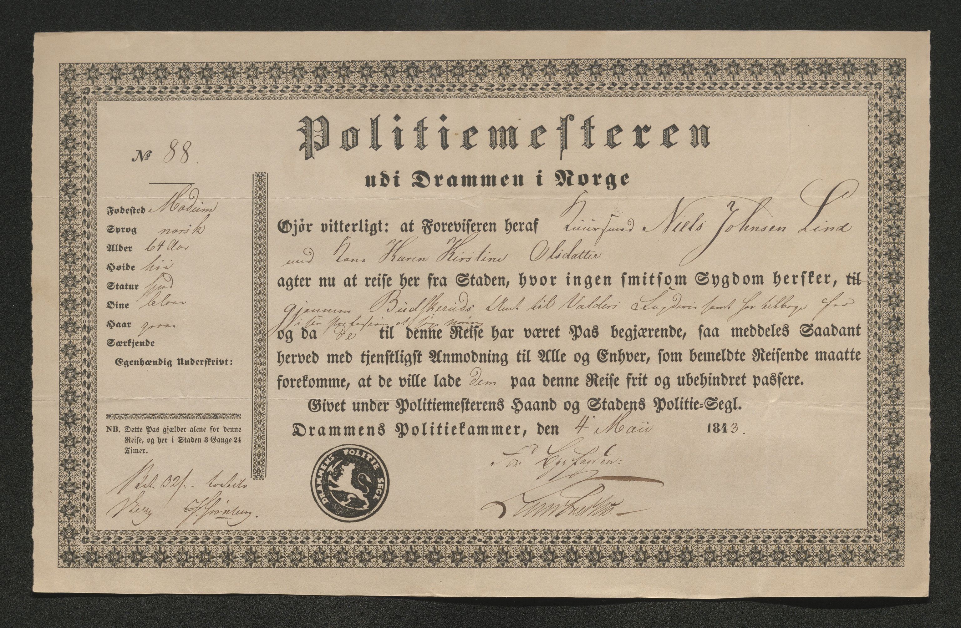 Drammen politikammer, AV/SAKO-A-623/I/Ia/Iab/L0007: Innleverte pass, 1843-1844, p. 182