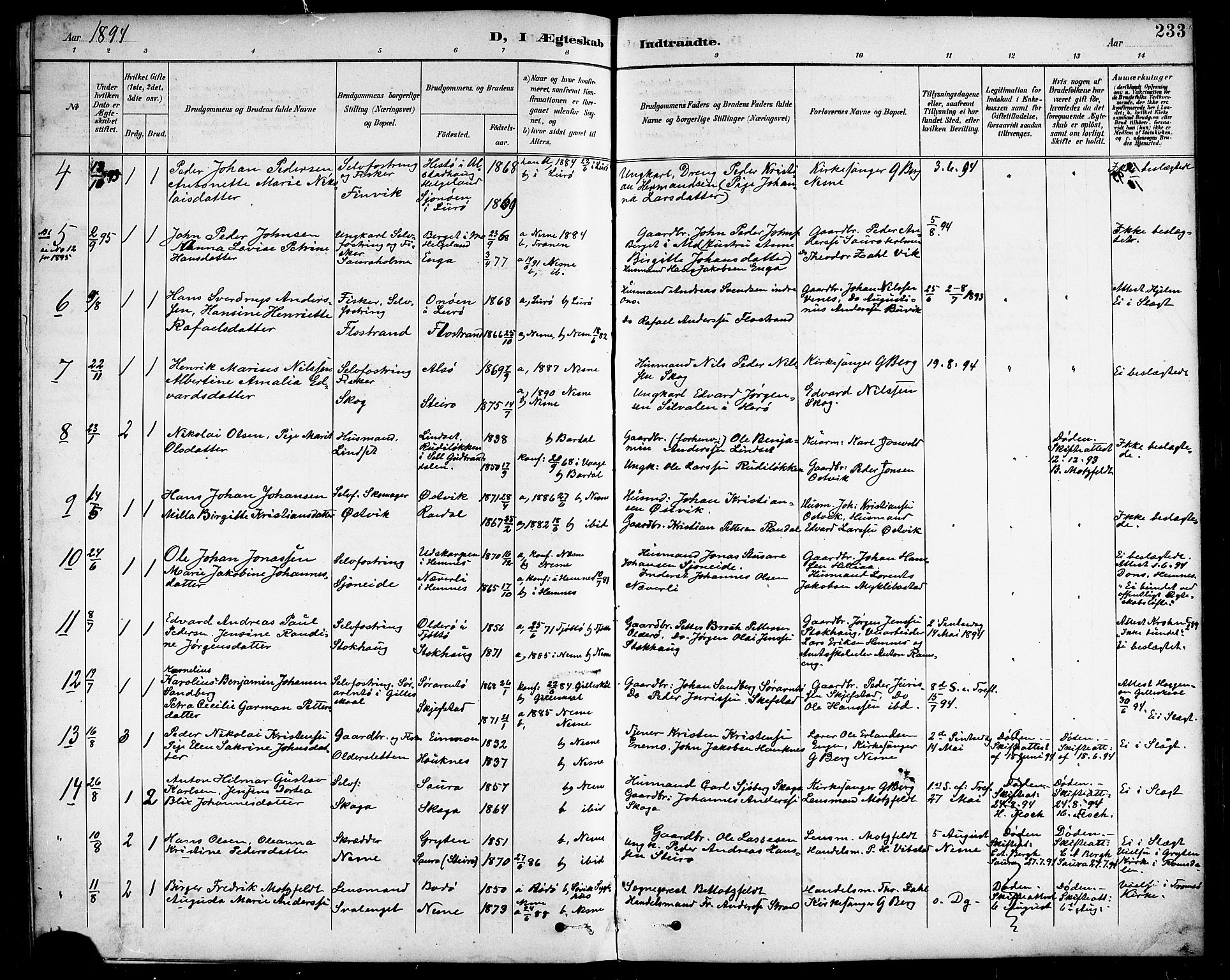 Ministerialprotokoller, klokkerbøker og fødselsregistre - Nordland, SAT/A-1459/838/L0559: Parish register (copy) no. 838C06, 1893-1910, p. 233