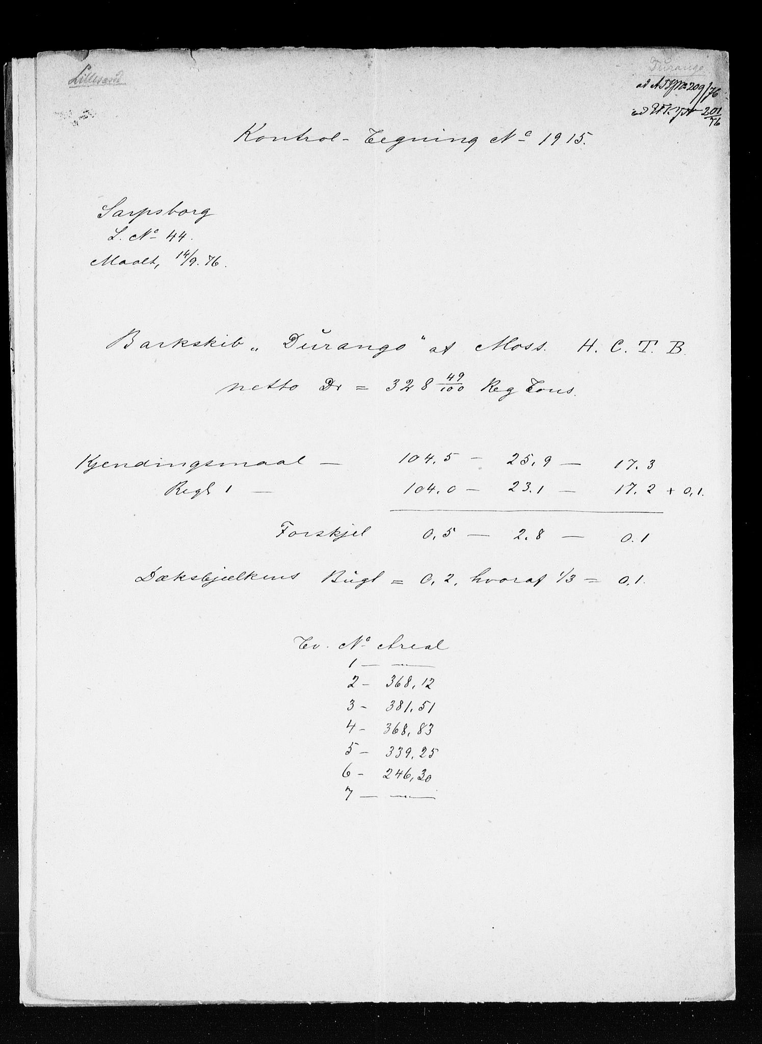 Lillesand tollsted, SAK/1351-0008/H/Ha/L0426: Skipsmåling, 1846-1966, p. 616