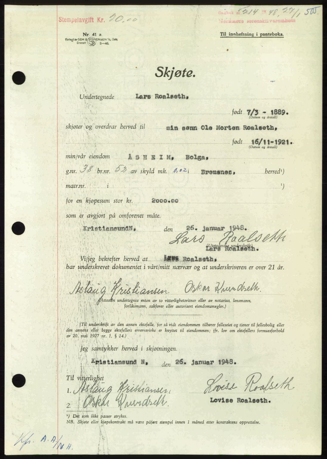 Nordmøre sorenskriveri, AV/SAT-A-4132/1/2/2Ca: Mortgage book no. A107, 1947-1948, Diary no: : 214/1948