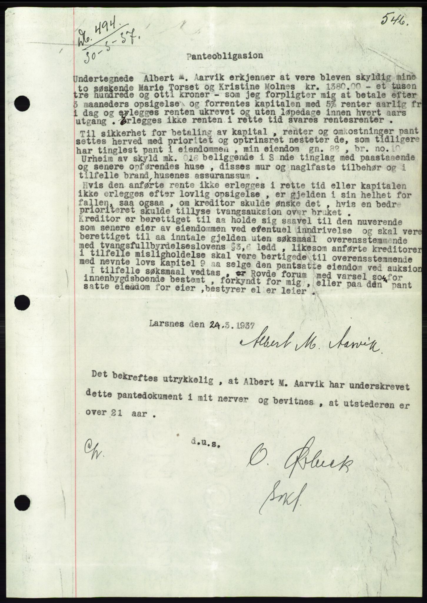 Søre Sunnmøre sorenskriveri, SAT/A-4122/1/2/2C/L0062: Mortgage book no. 56, 1936-1937, Diary no: : 494/1937